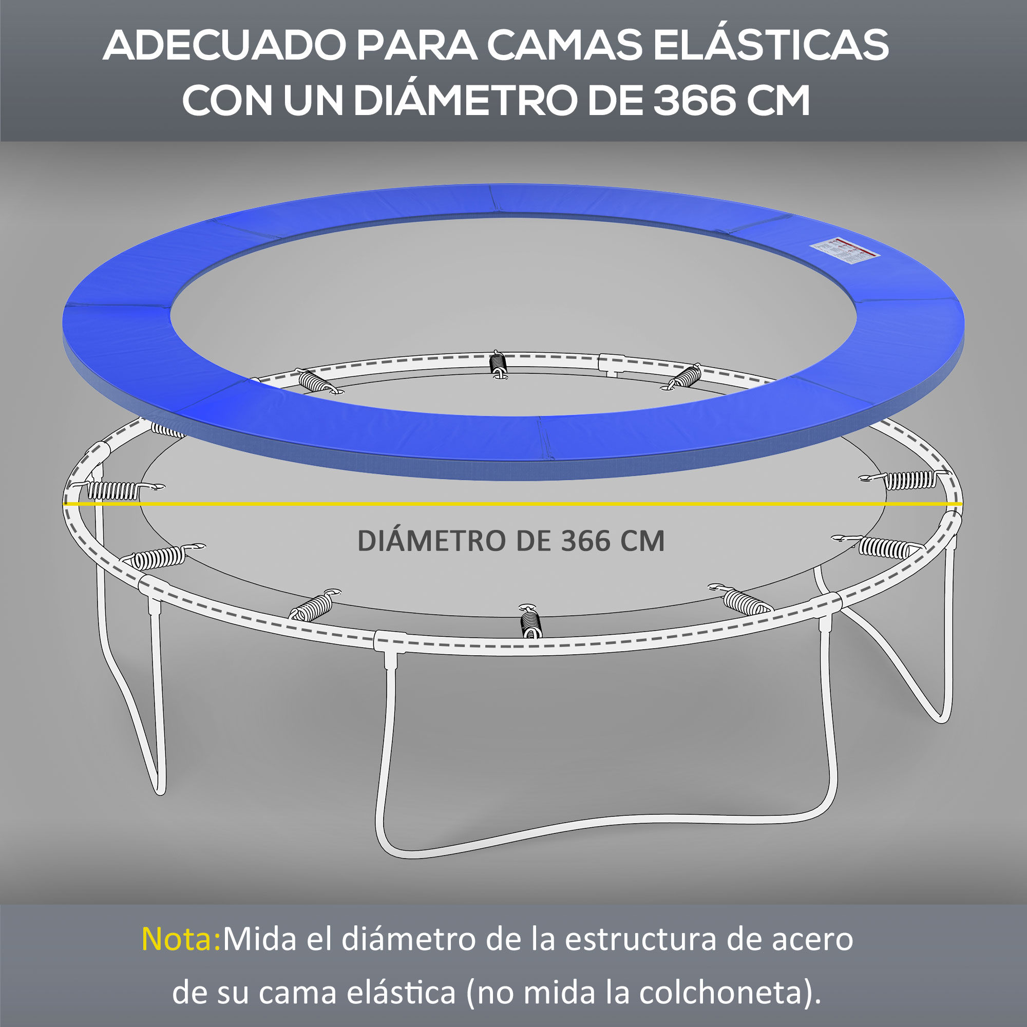 Imagen que muestra la parte superior azul de un trampolín con el texto 'Adecuado para camas elásticas con un diámetro de 366 cm'.