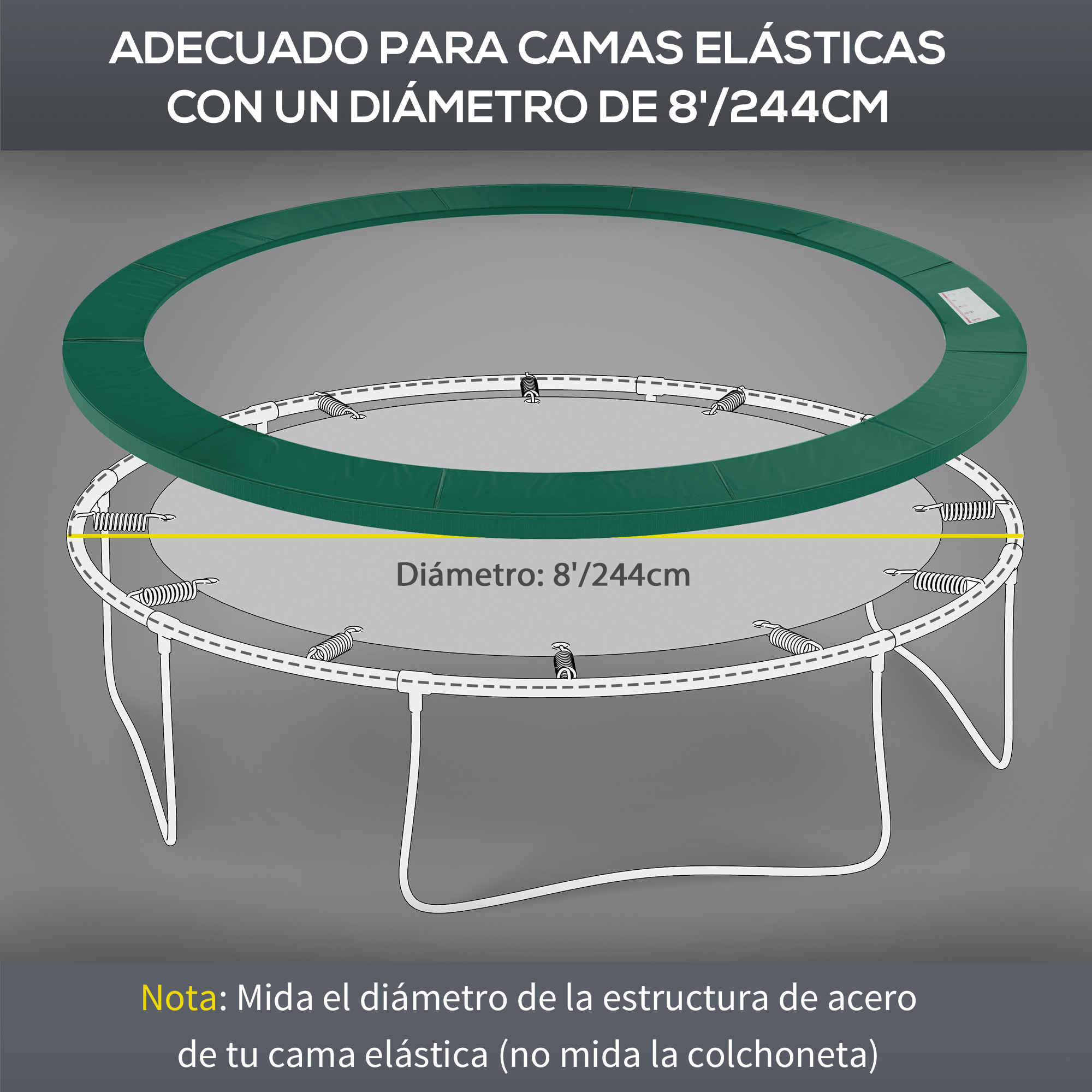 Diagrama de un trampolín, mostrando un anillo protector verde y la medida del diámetro de 8'/244cm.