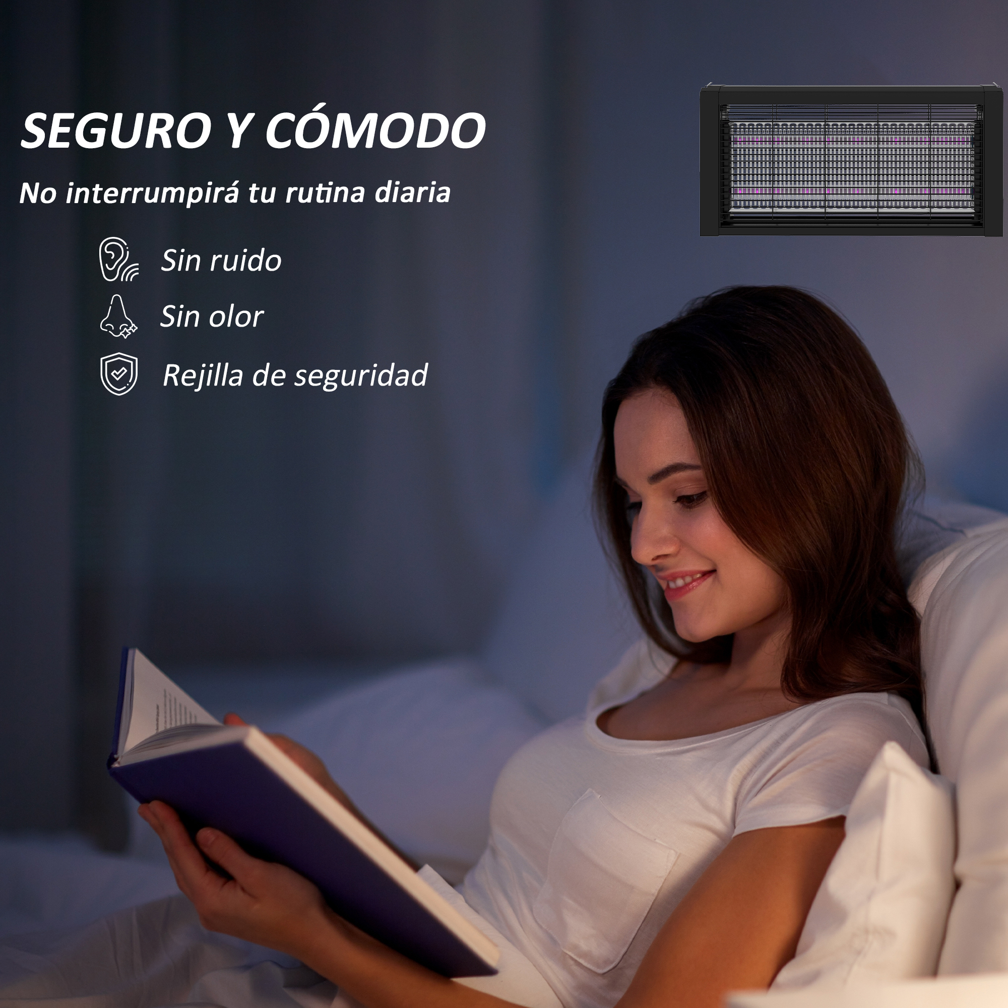 Una mujer lee en la cama con un libro, una trampa para mosquitos está en el fondo. El texto dice 'Seguro y cómodo'.
