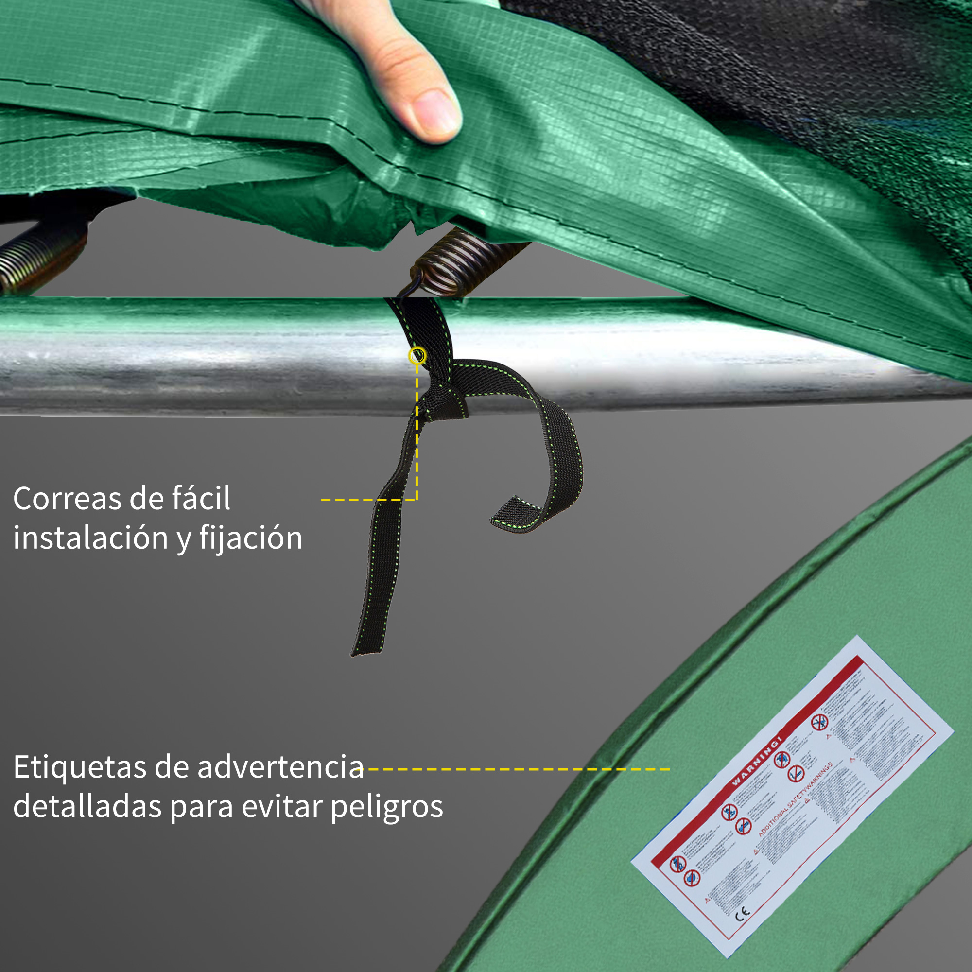 Primer plano de una parte de trampolín. Mano sosteniendo tela verde. Correa negra con costuras verdes. Etiqueta de advertencia visible.
