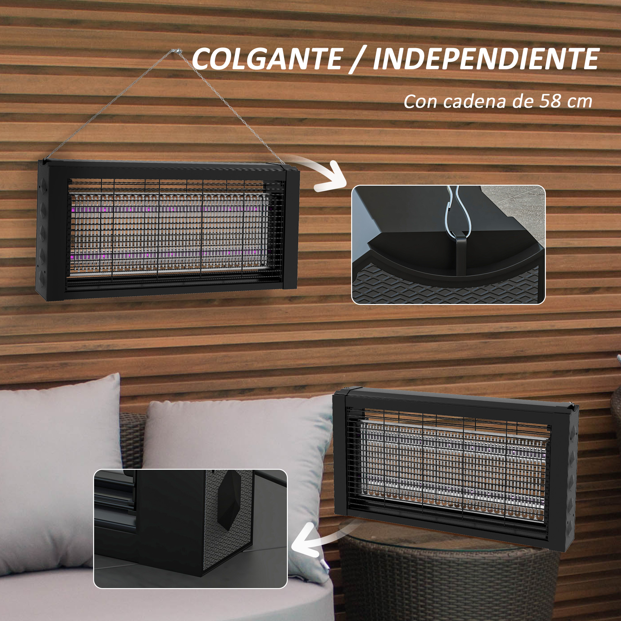 Calentador de patio eléctrico negro colgado en una pared de madera. Se muestran detalles del calentador.