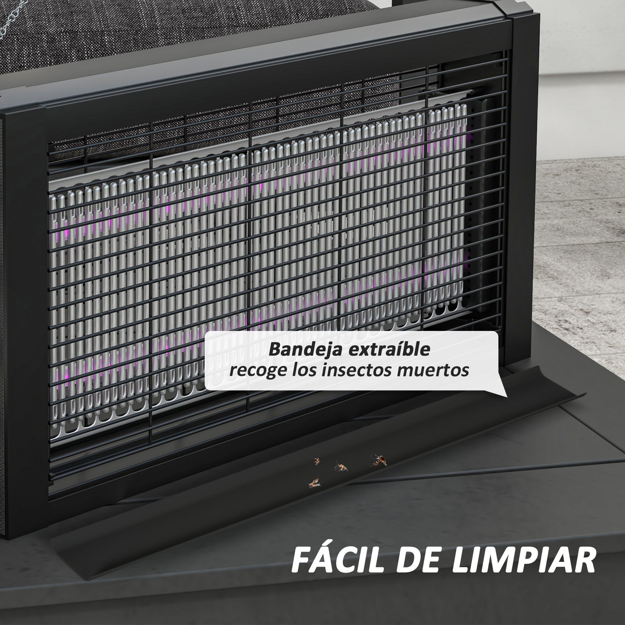 Un matainsectos negro con rejilla y luces moradas. La bandeja recoge insectos muertos. Es fácil de limpiar.