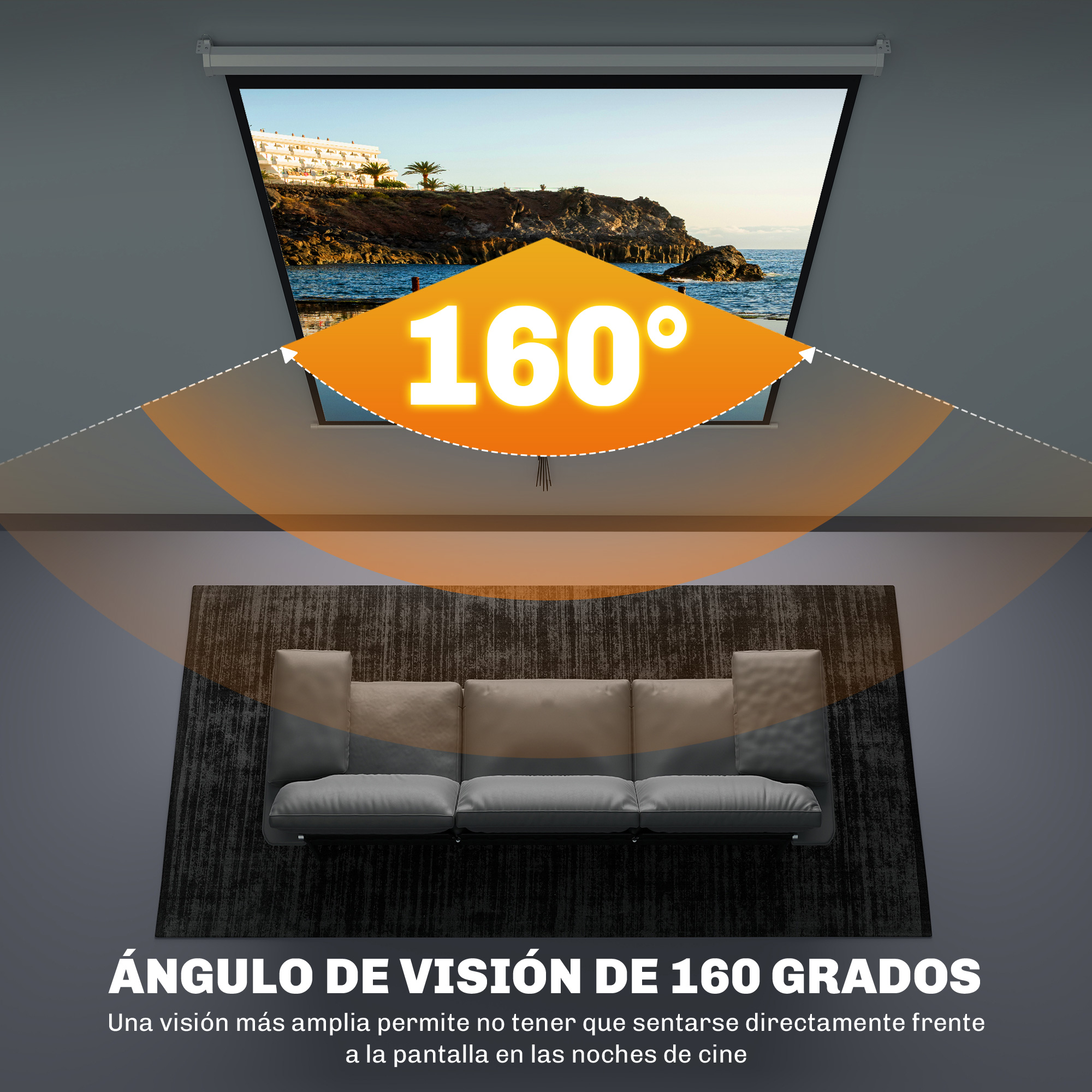 Una habitación con una pantalla que muestra una vista costera. Se destaca un ángulo de 160 grados. Hay un sofá y una alfombra en la habitación.