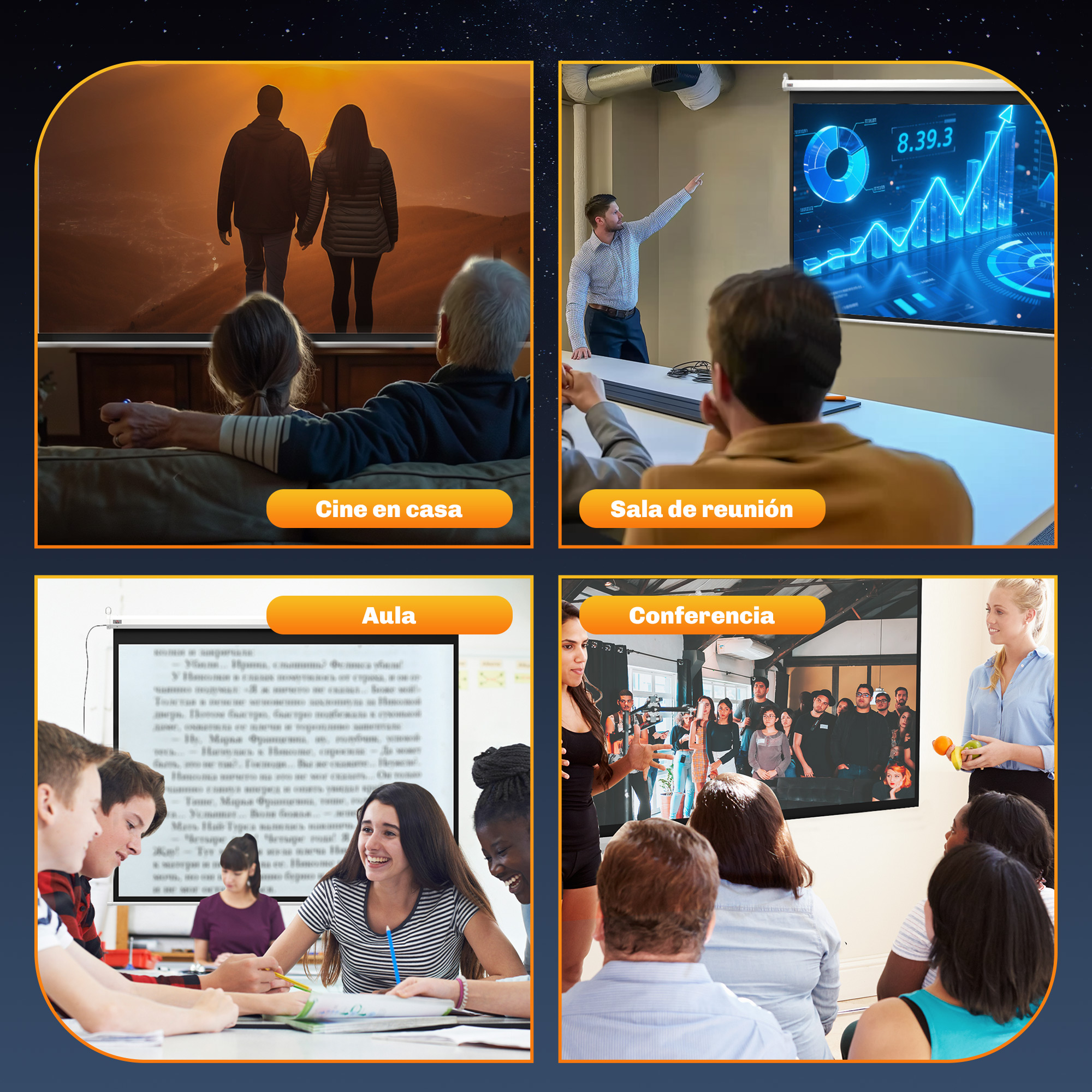 La imagen muestra cuatro escenas: familia viendo la televisión, reunión con gráficos, estudiantes en clase y conferencia.