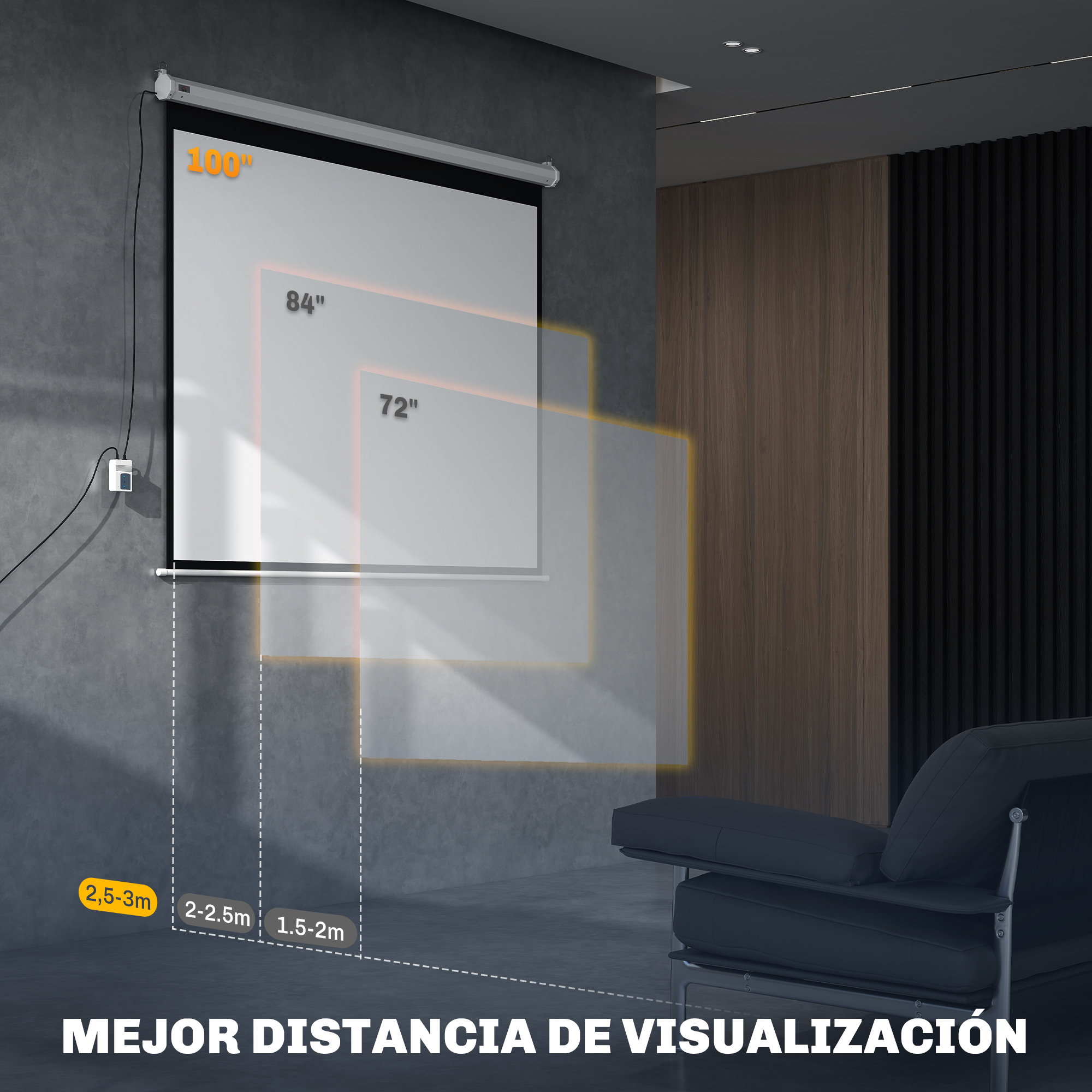 Una pantalla de proyector muestra diferentes tamaños. La escena incluye una pared gris, distancias y un sofá. El texto dice 'MEJOR DISTANCIA DE VISUALIZACIÓN'.