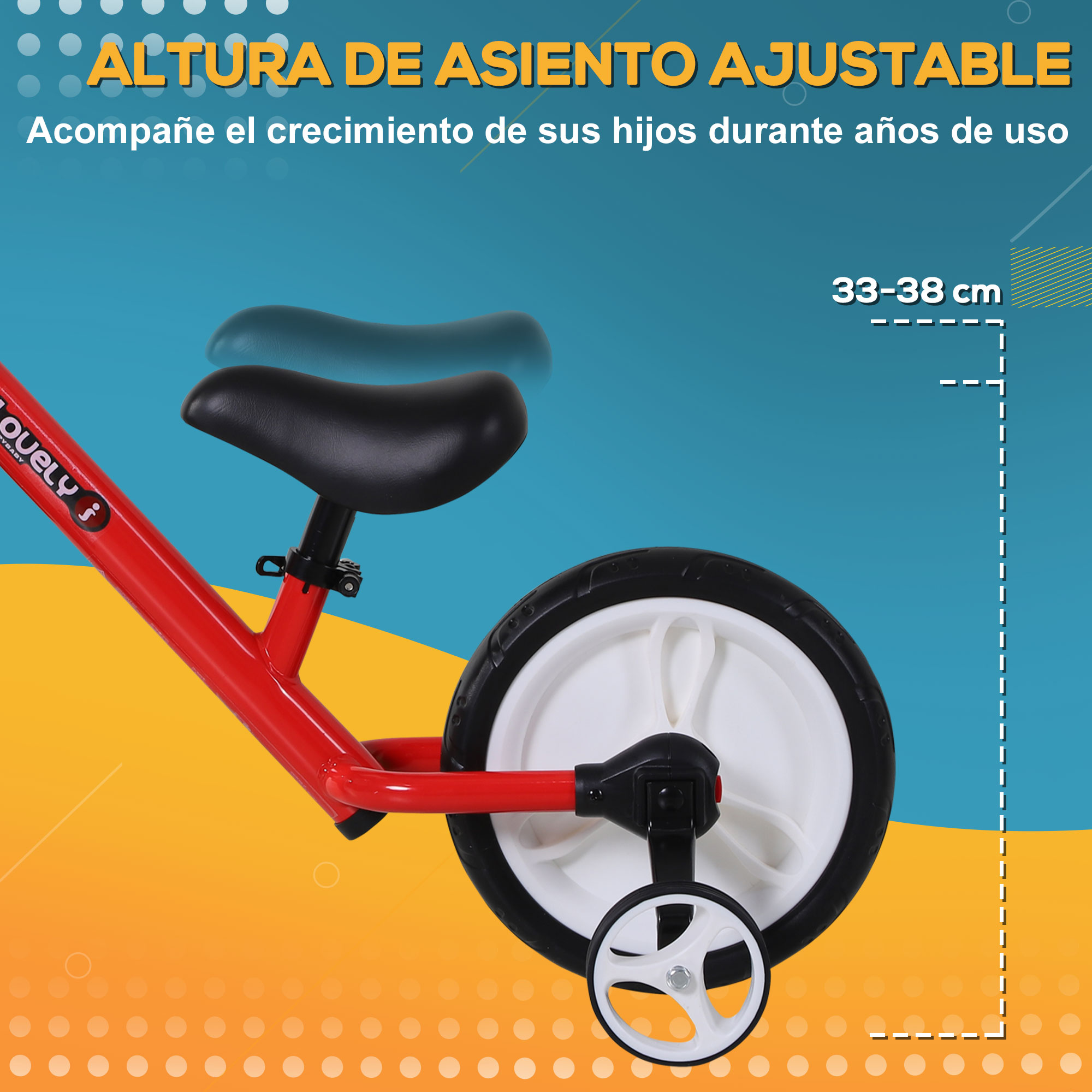 Una bicicleta de equilibrio roja con asiento y ruedas negros. El texto dice altura del asiento ajustable, 33-38 cm.