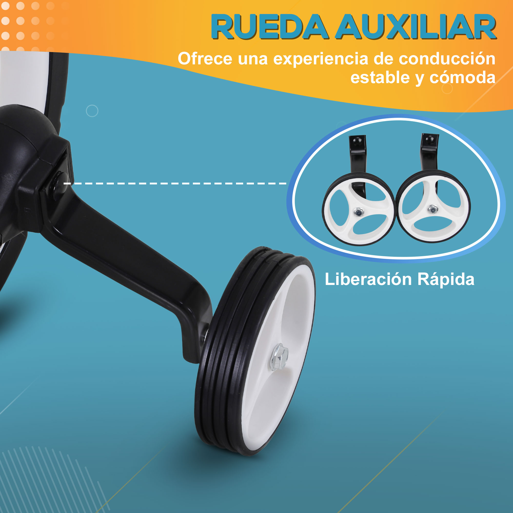 Imagen muestra una rueda auxiliar. El texto dice 'Liberación Rápida'. El fondo es azul y naranja. Rueda blanca con neumático negro.