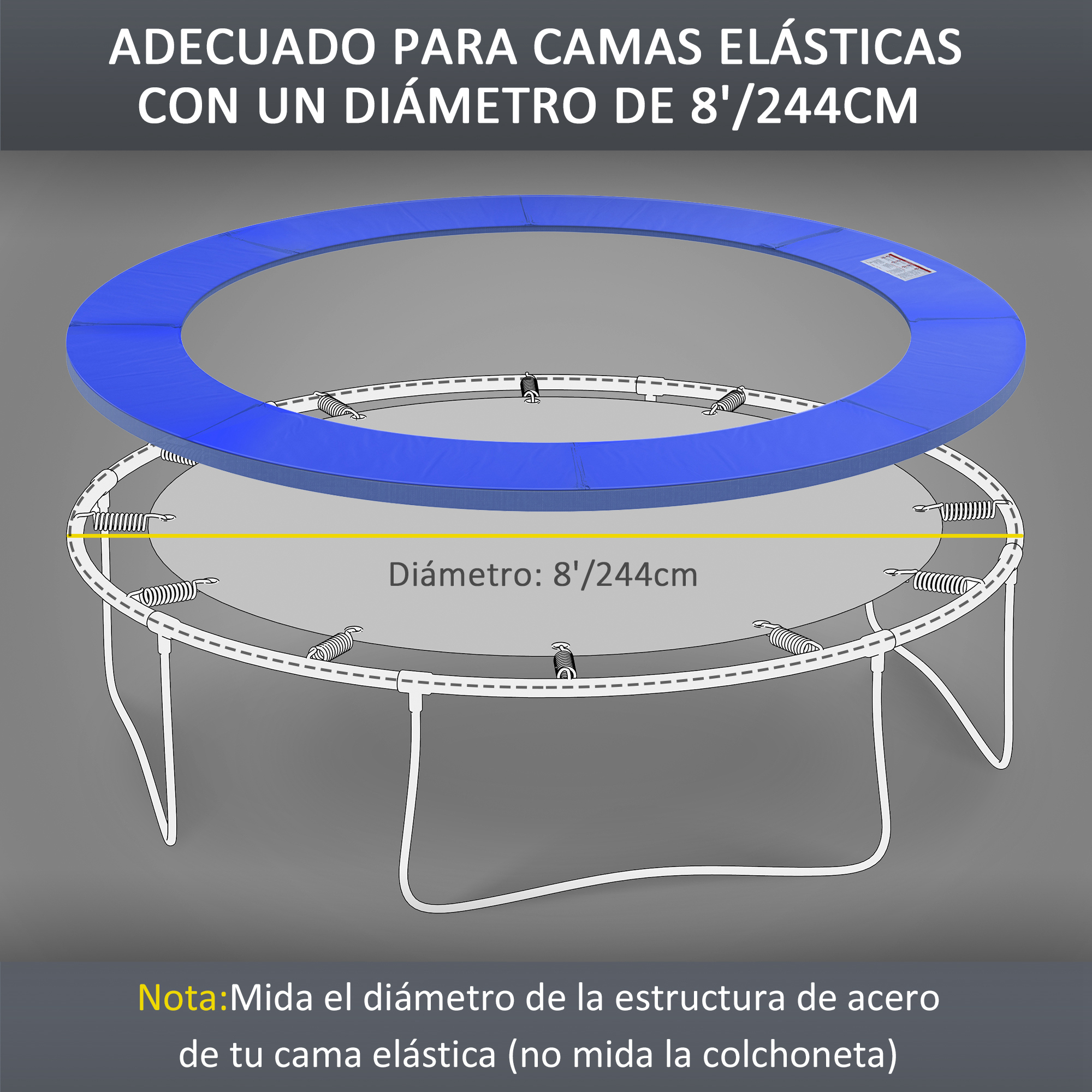 Diagrama de un trampolín con borde azul, marco blanco, resortes y texto que indica el diámetro de 8'/244cm.