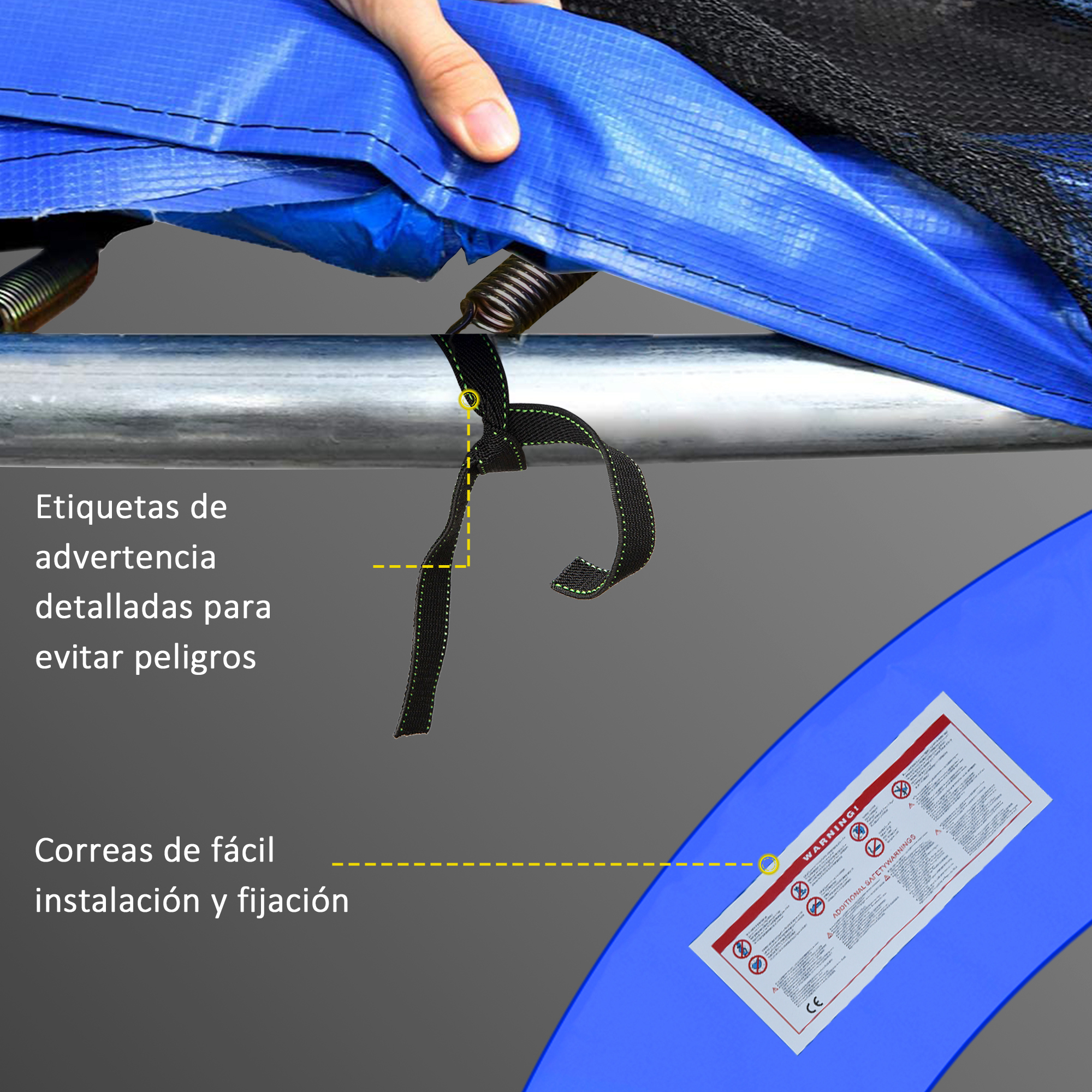 Una mano sostiene tela azul. Un resorte se sujeta a una correa negra en una barra de metal. Una etiqueta de advertencia es visible en azul.