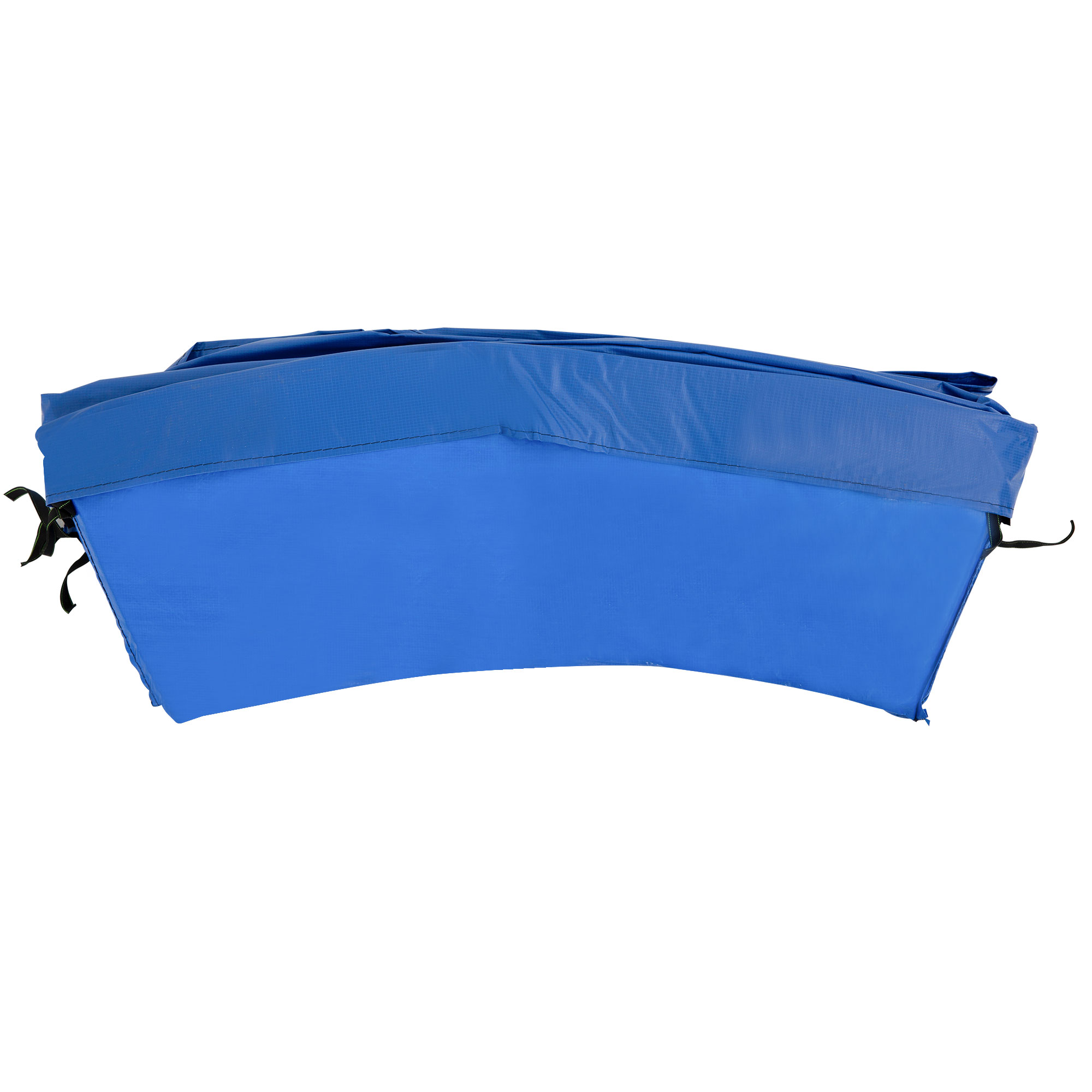 Un objeto de tela azul con forma curva, posiblemente una almohadilla de trampolín, sobre fondo blanco.
