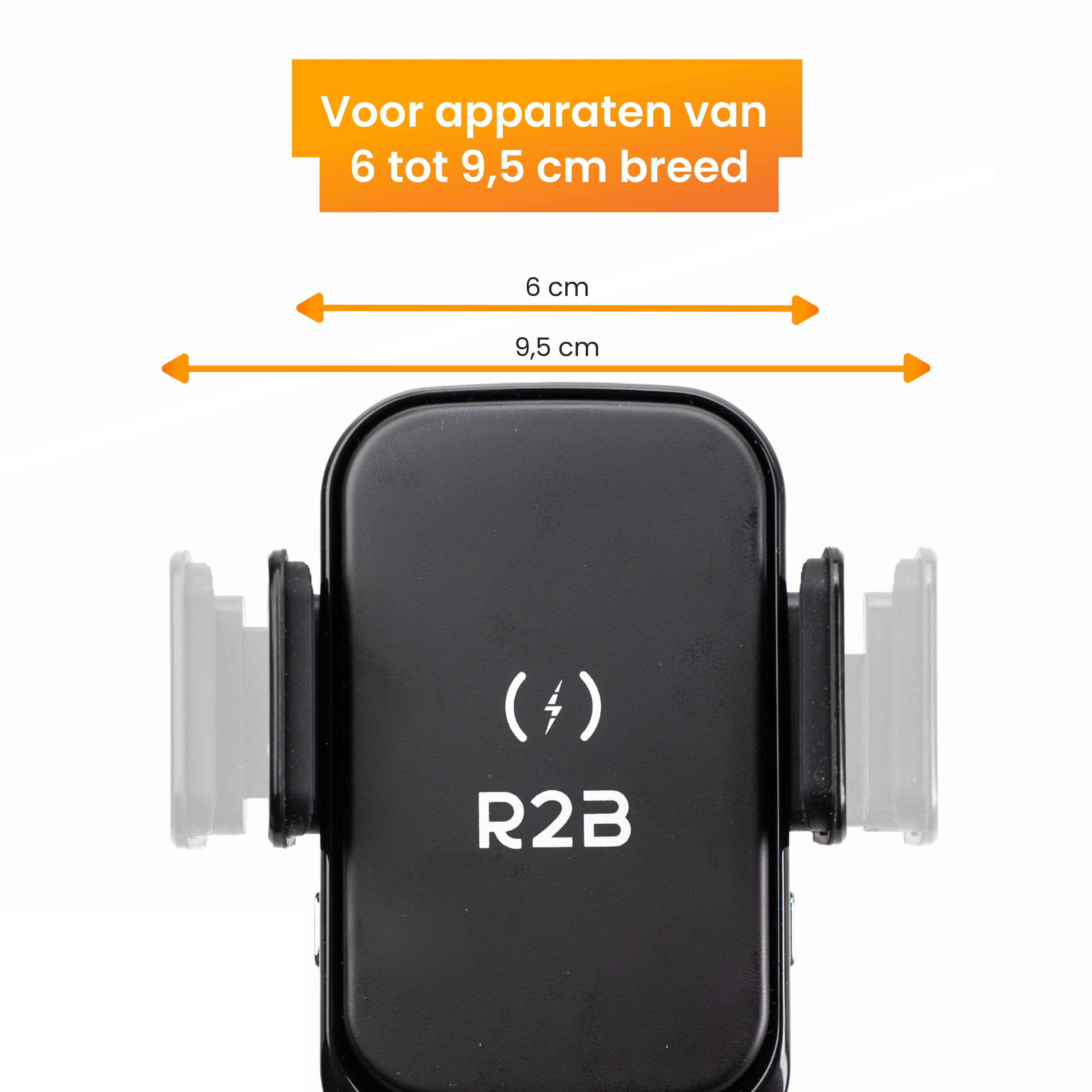 Support de téléphone noir avec texte et dimensions sur fond blanc. Le texte indique 6 à 9,5 cm de large.