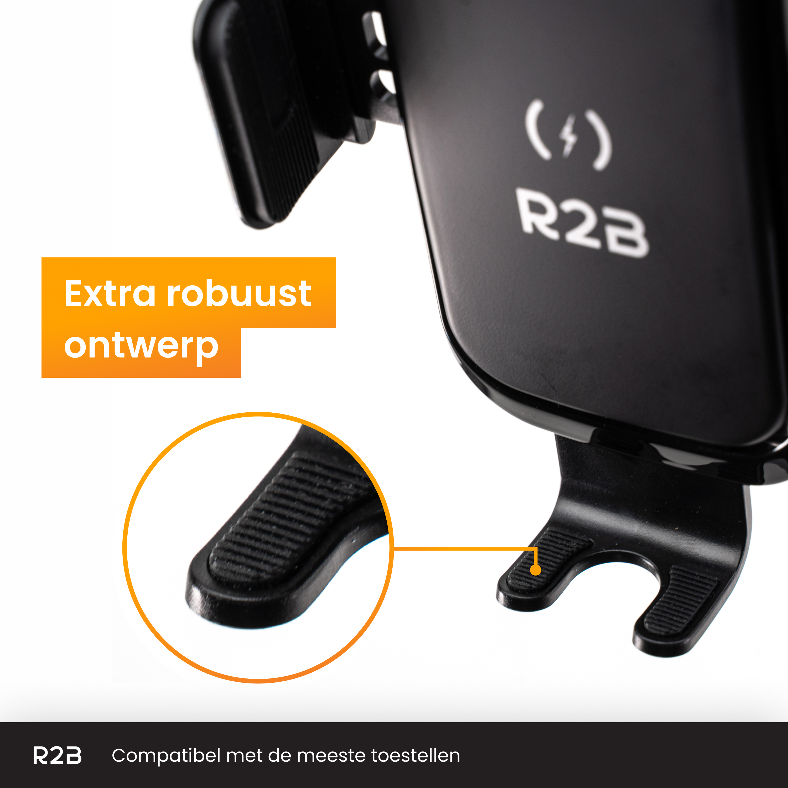 Un support de téléphone noir avec du texte et un schéma montrant le design. Le texte orange indique 'Extra robust ontwerp'.