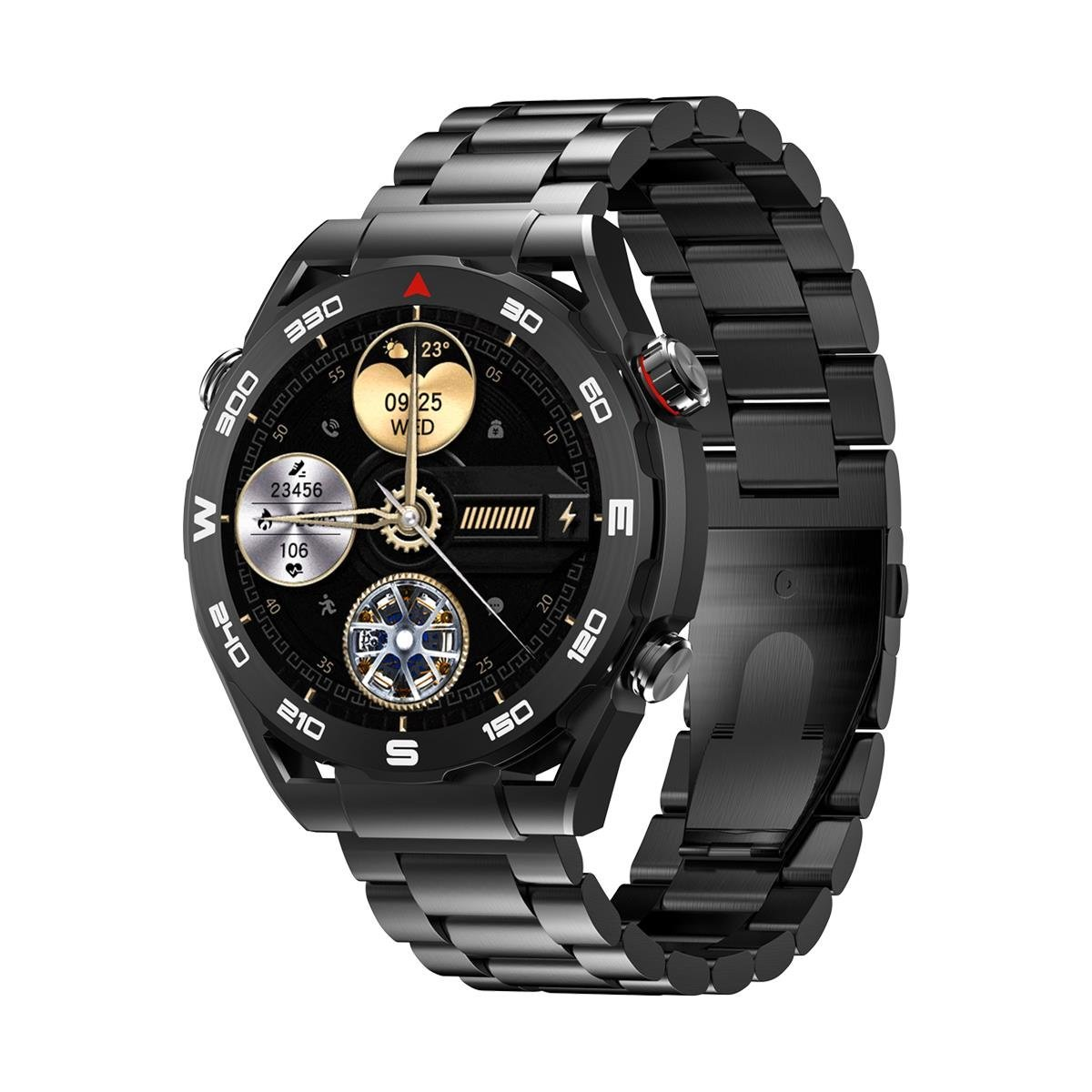 Uno smartwatch nero con cinturino in metallo. Il quadrante mostra ora, data e altre metriche.