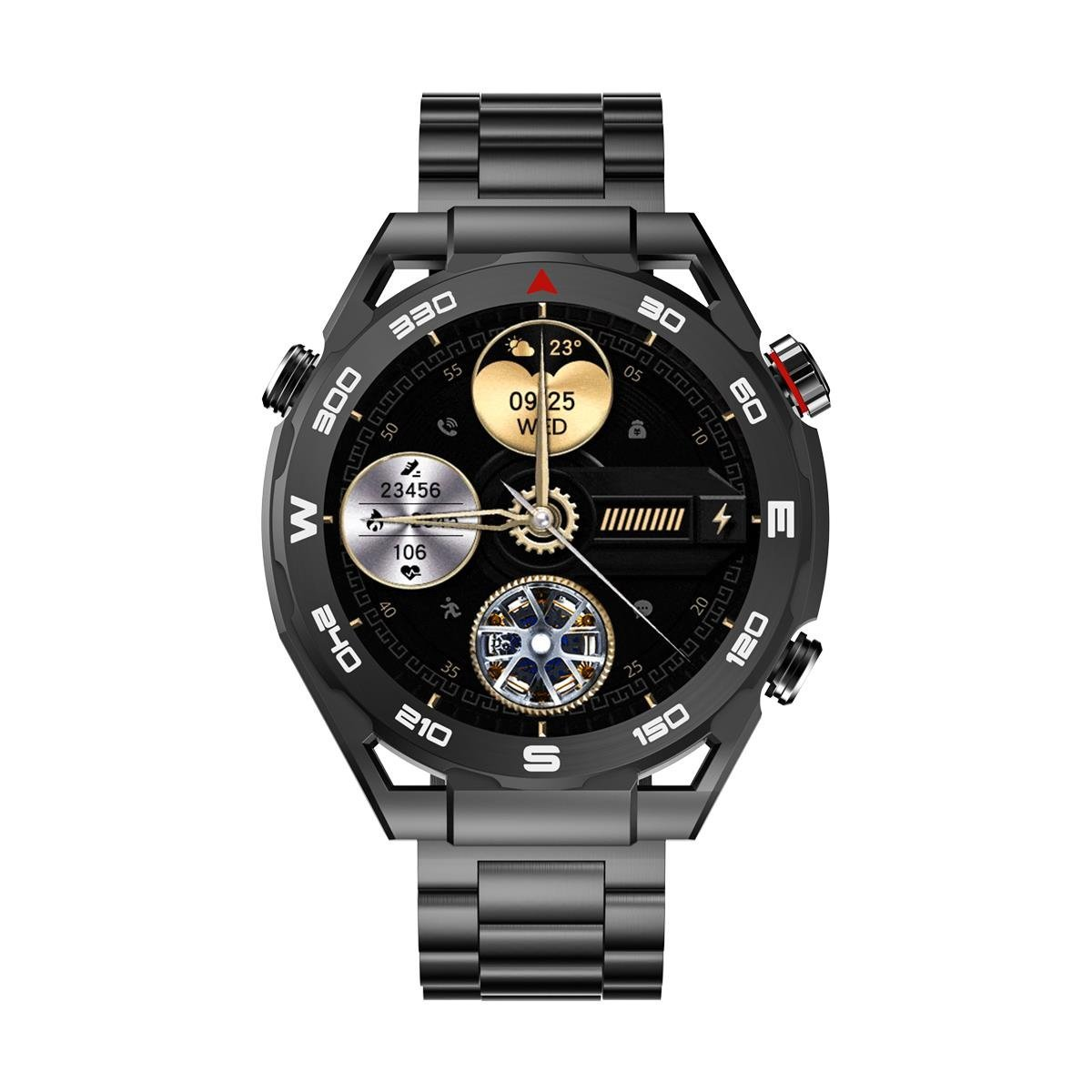 Uno smartwatch nero con cinturino metallico. Il quadrante mostra ora, passi e altri dati in un design circolare.