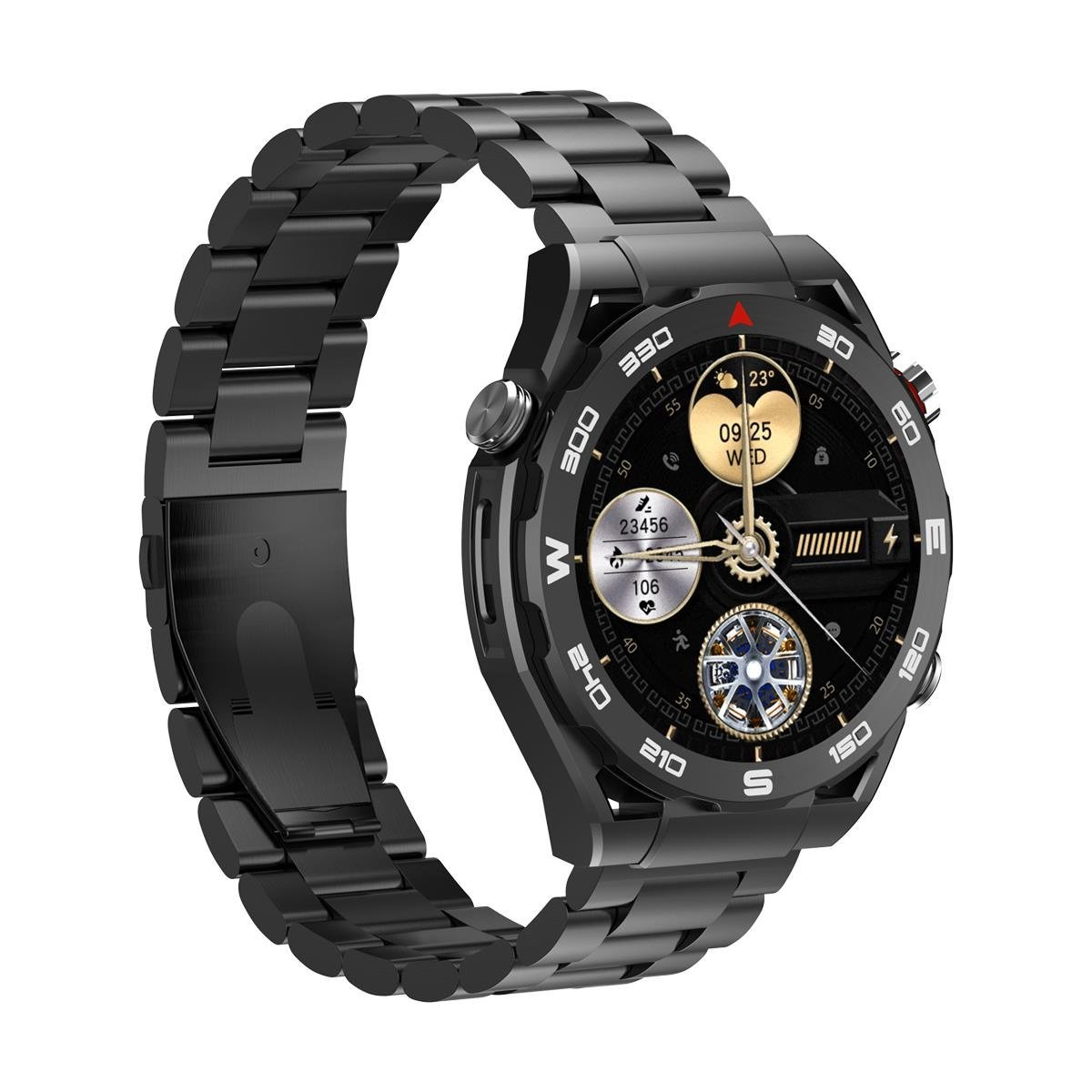 Uno smartwatch nero con cinturino in metallo. Il quadrante mostra l'ora, la data e altre metriche.