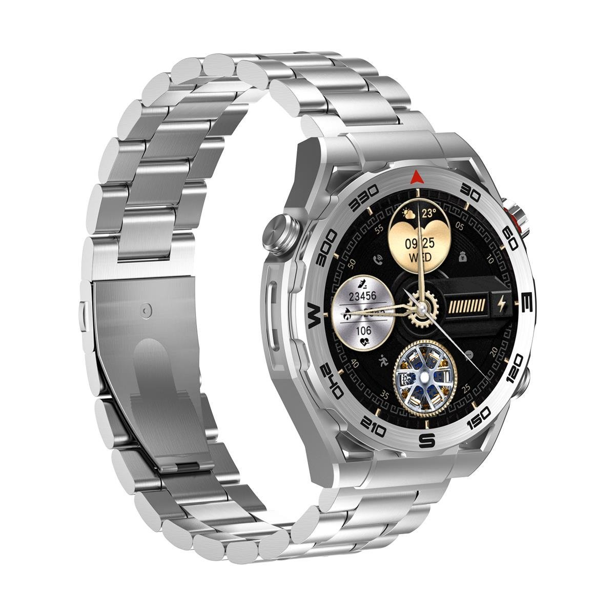 Uno smartwatch argentato con quadrante nero visualizza ora, data e metriche di attività. Ha un cinturino in metallo e un design circolare.