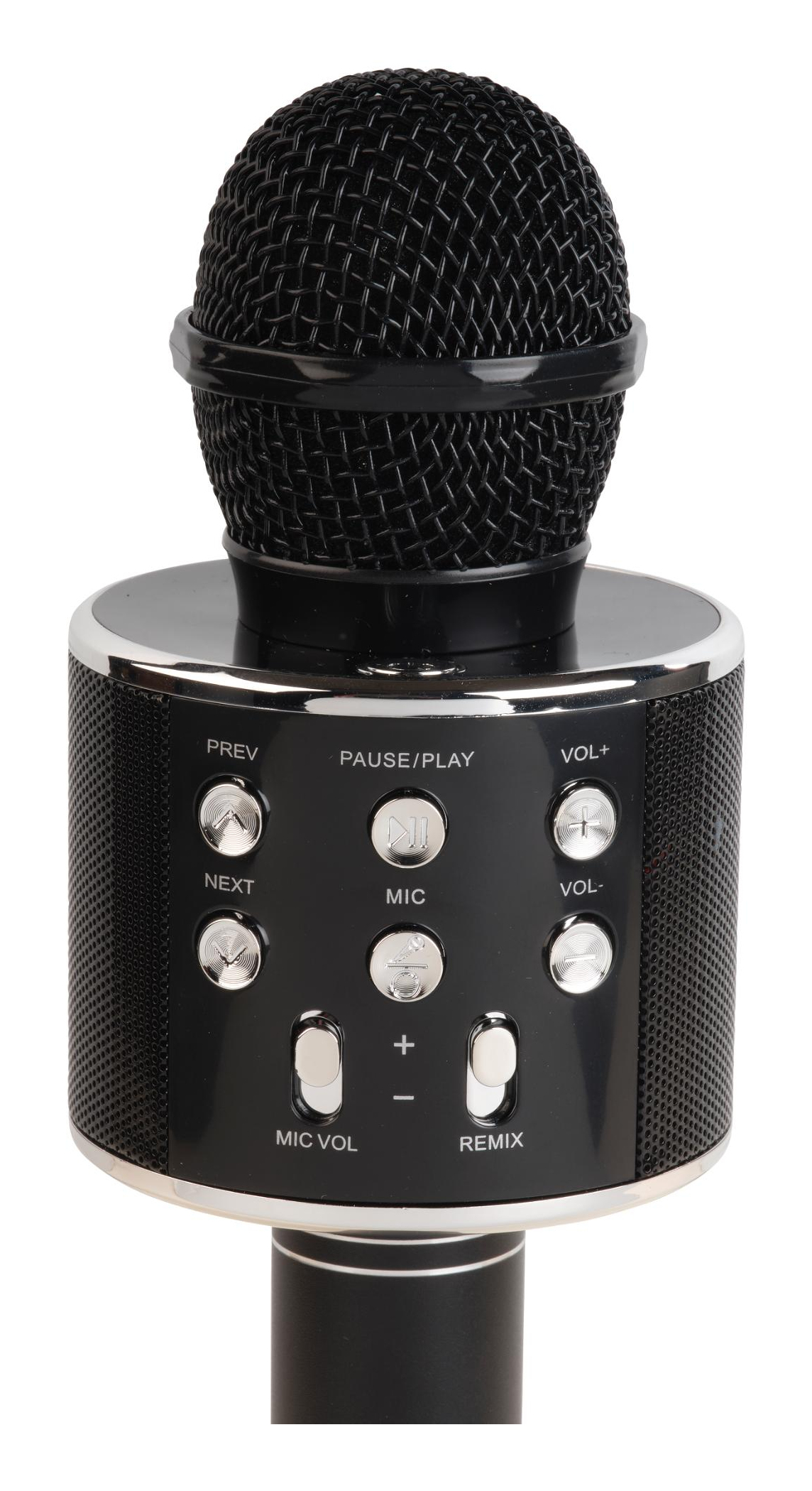 Ein schwarzes Mikrofon mit Maschenkopf und Bedientasten. Tasten umfassen Prev, Next, Pause/Play, Mic, Vol+, Vol-, Mic Vol und Remix.
