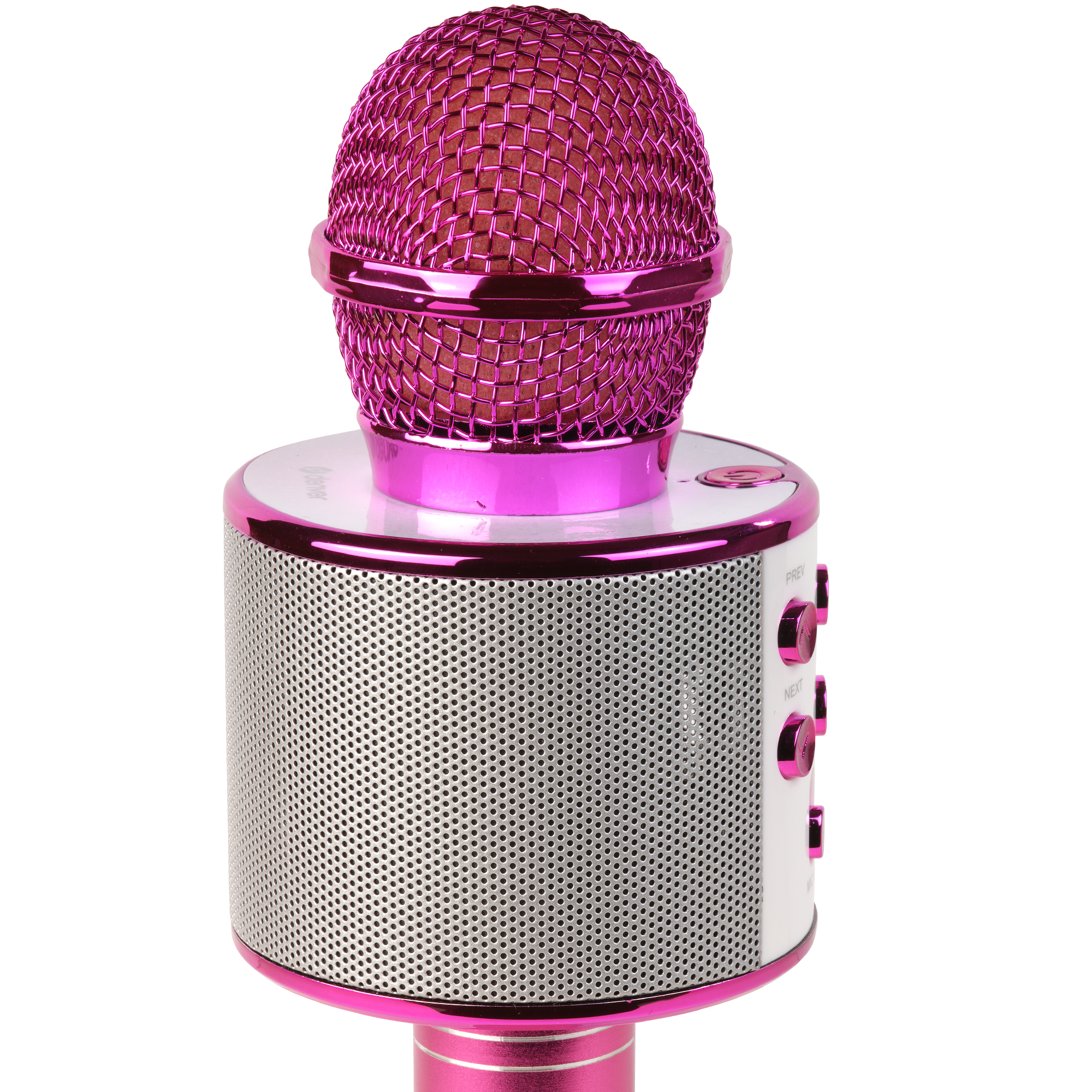 Een roze microfoon met een afgeronde kop en een zilveren luidsprekerbehuizing. Het heeft knoppen en staat op een witte achtergrond.