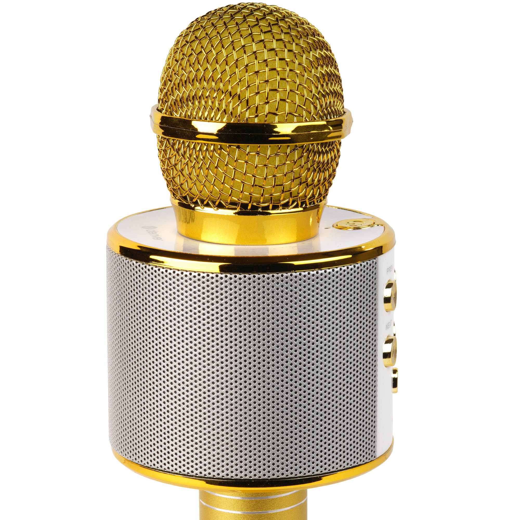 Ein goldenes Mikrofon mit Maschenkopf, auf einem weißen und silbernen Körper mit goldenen Akzenten. Isoliert auf weißem Hintergrund.