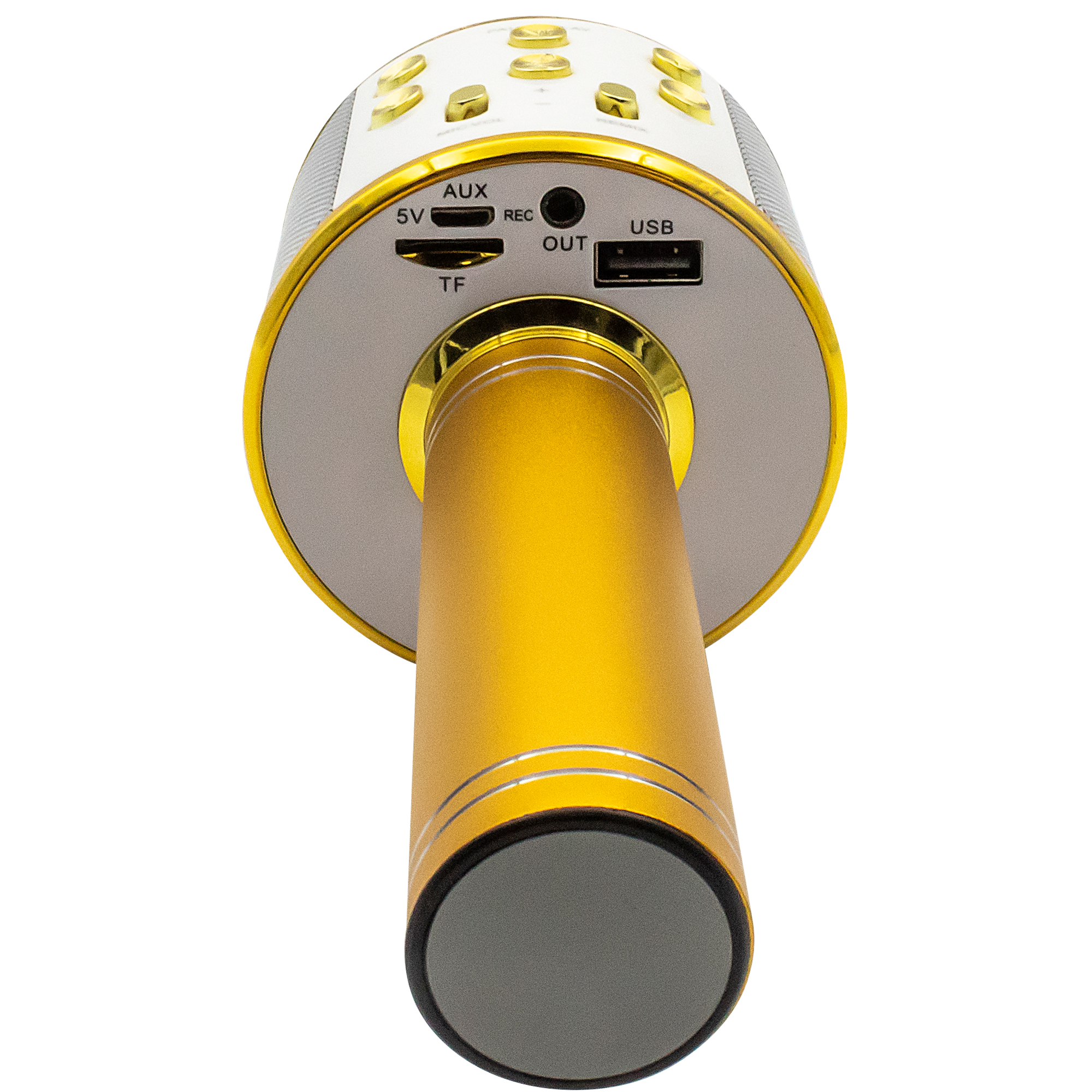 Ein gold-graues Karaoke-Mikrofon. Es hat Knöpfe, Anschlüsse für AUX, USB und TF-Karte. Der Hintergrund ist weiß.