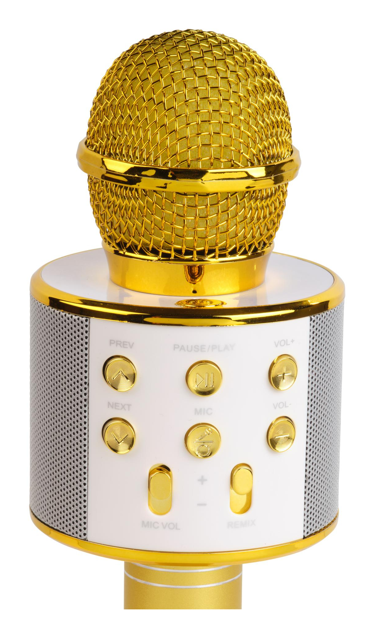 Ein goldenes Mikrofon mit Maschenkopf, weißem Körper und goldenen Knöpfen. Es hat Bedienelemente für Lautstärke, Pause, Weiter, Mikrofon und Remix.