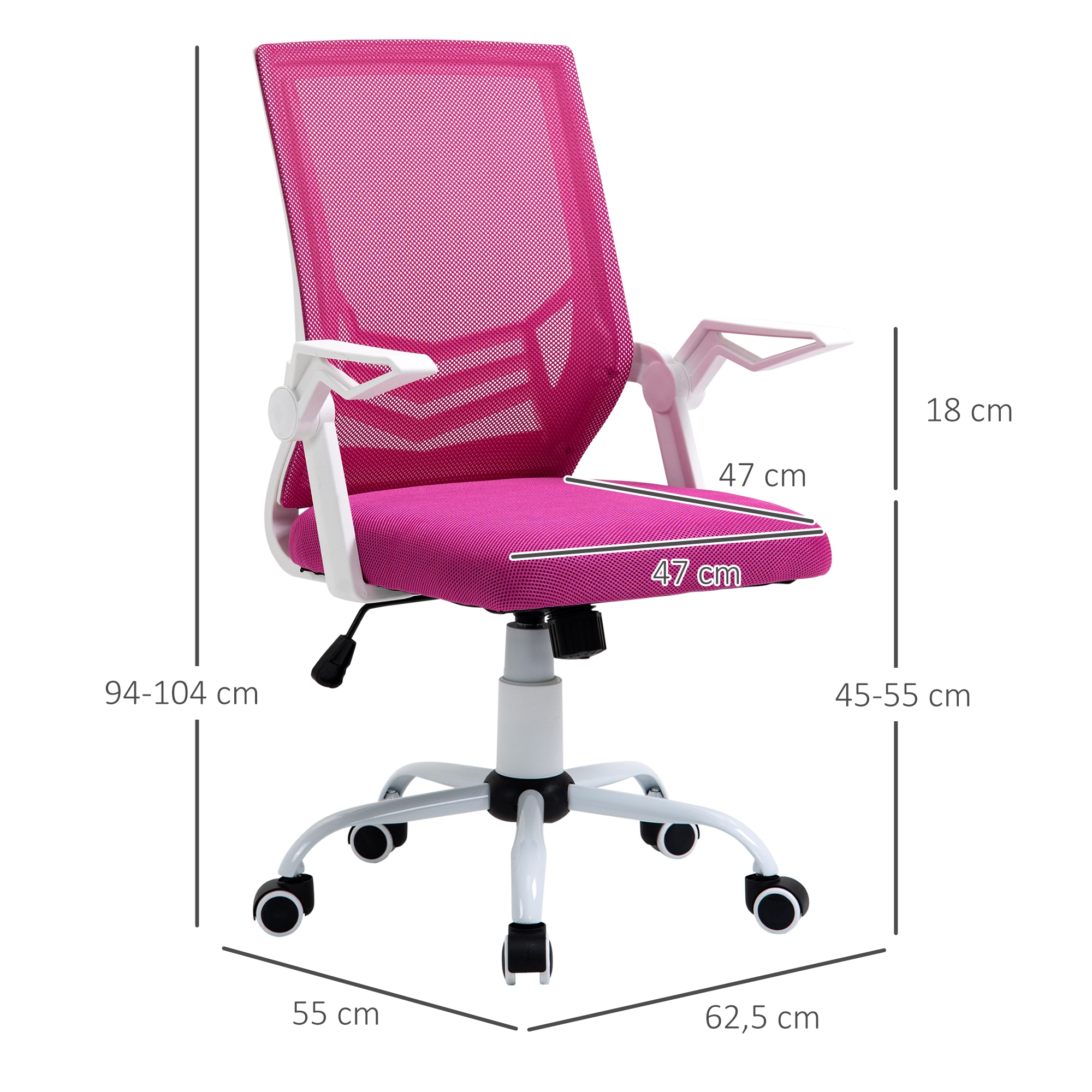 Silla de oficina con respaldo de malla rosa y marco blanco. Se indican las dimensiones. La silla tiene reposabrazos, asiento y base de cinco ruedas.
