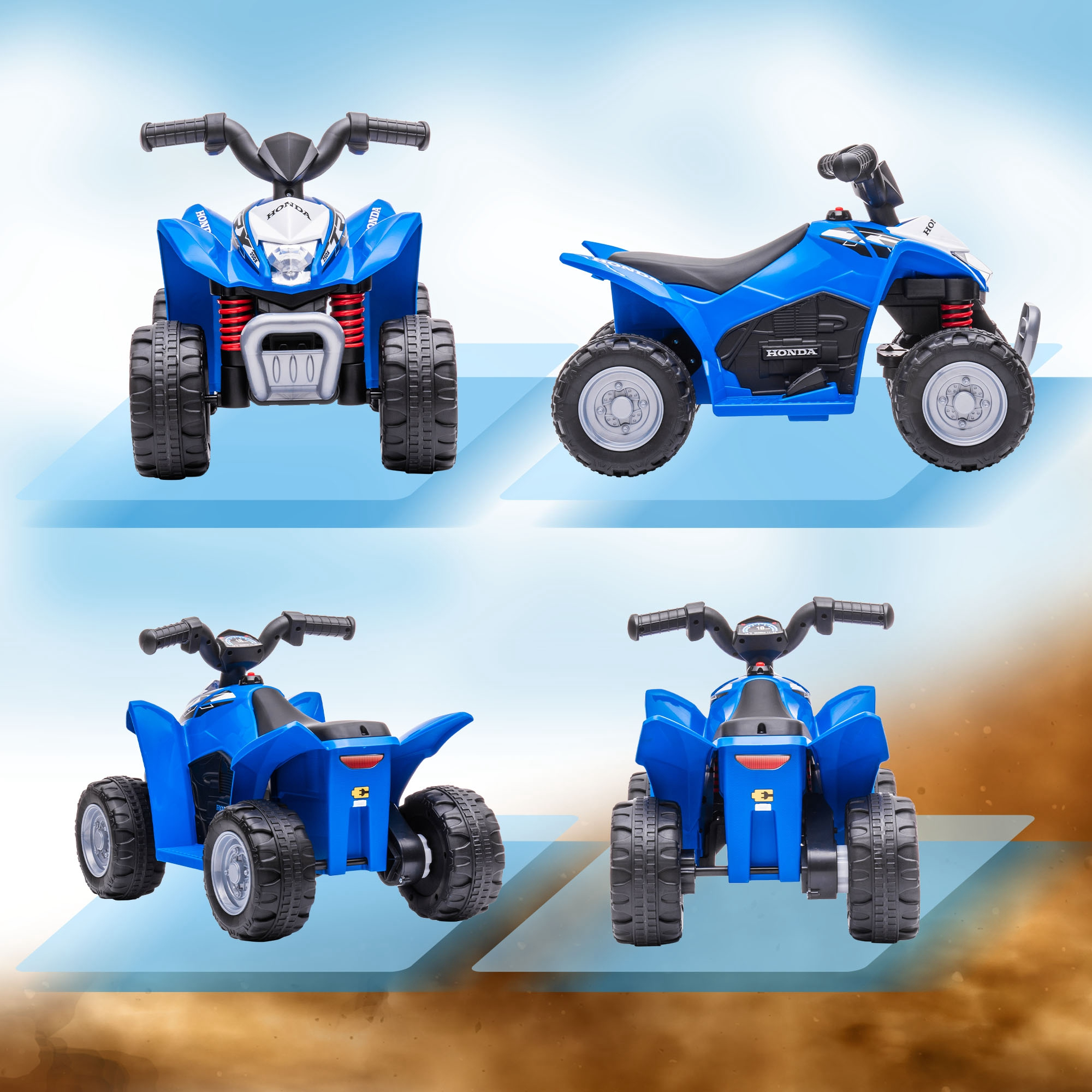 Cuatro vistas de un juguete ATV Honda azul. Tiene neumáticos negros, asiento negro y suspensión roja. El fondo es azul/marrón.