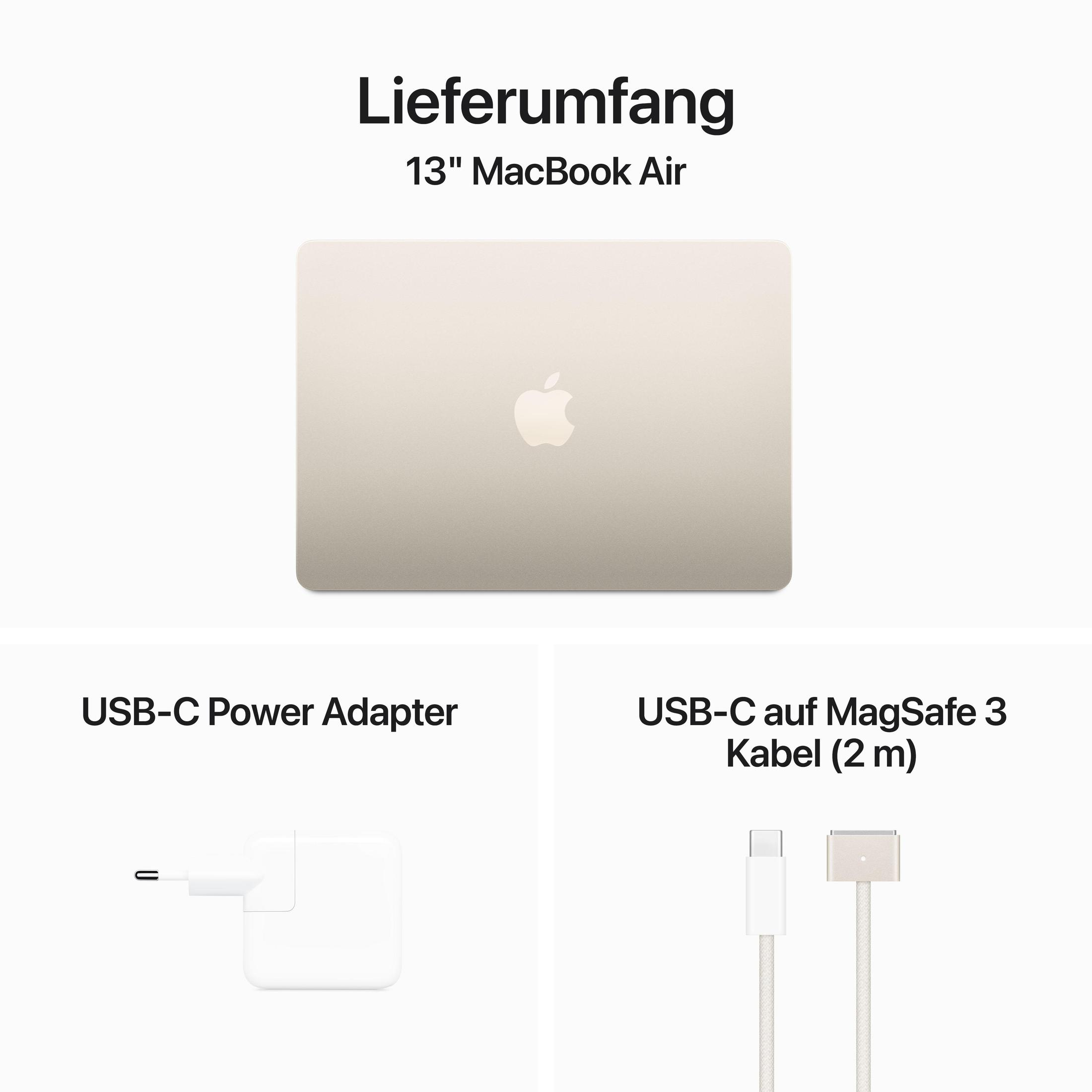 Das Bild zeigt ein MacBook Air, ein USB-C-Netzteil und ein USB-C-auf-MagSafe-3-Kabel, alles vor weißem Hintergrund.