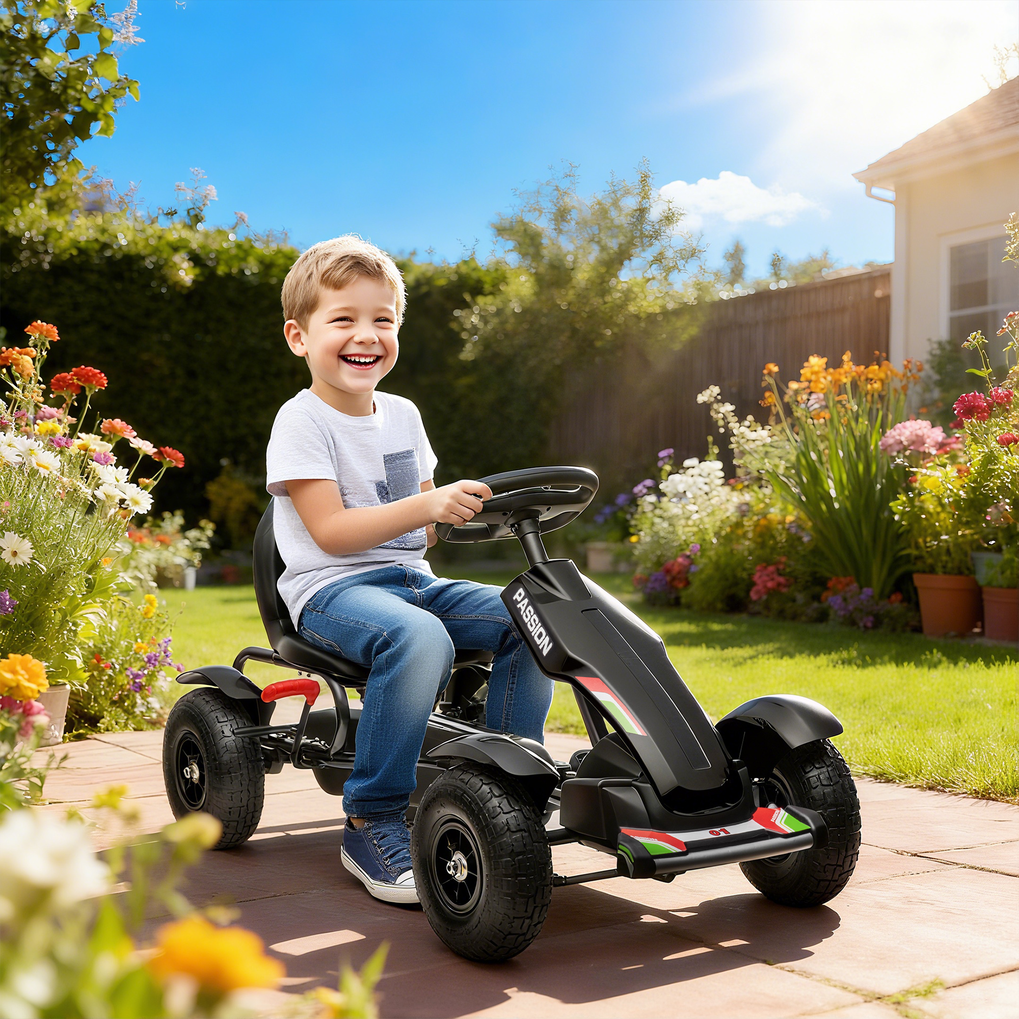 Un niño sonríe mientras conduce un kart negro en un jardín, rodeado de flores y vegetación bajo un cielo azul brillante.