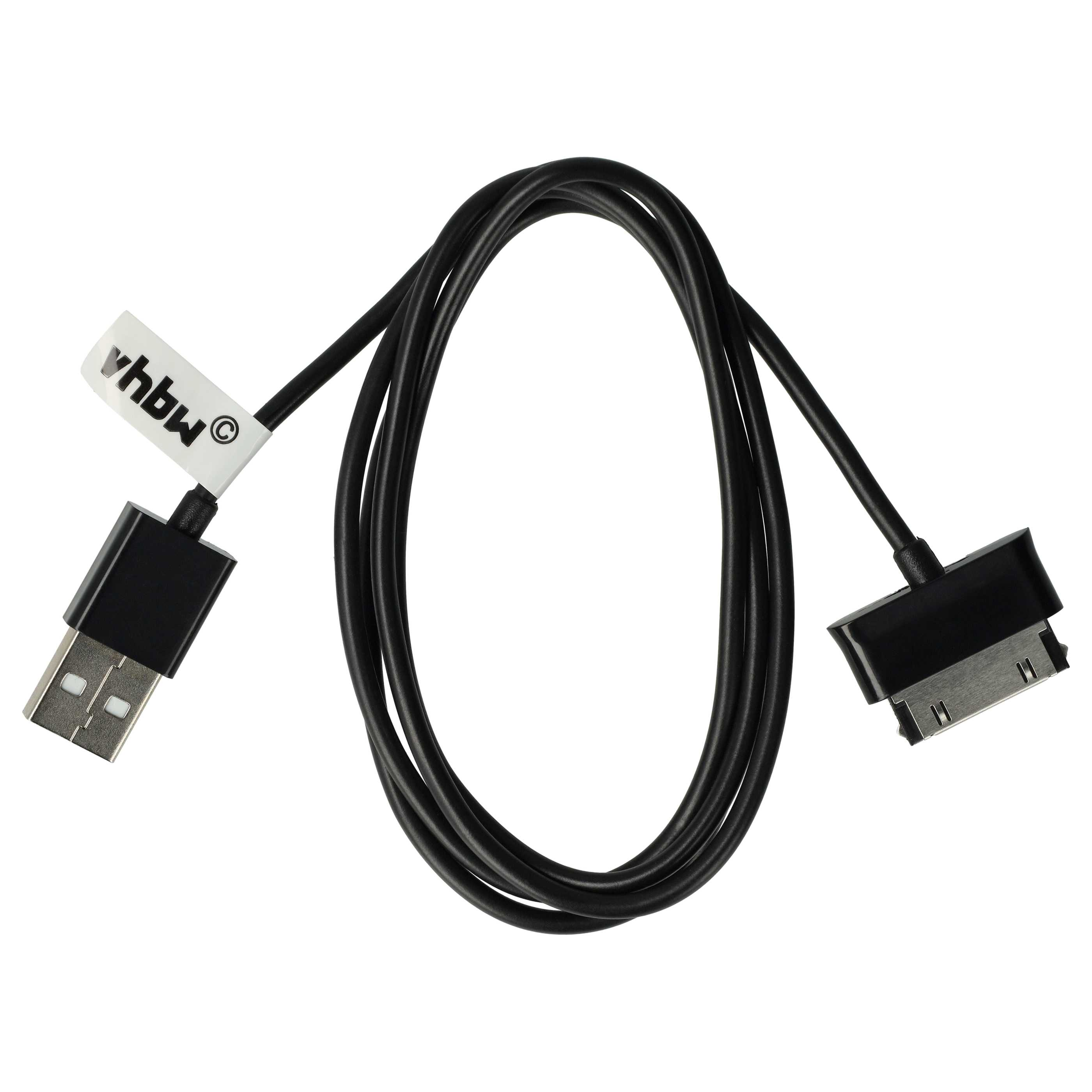 Ein schwarzes Ladekabel mit einem USB-Anschluss an einem Ende und einem Tablet-Anschluss am anderen Ende, auf weißem Hintergrund.