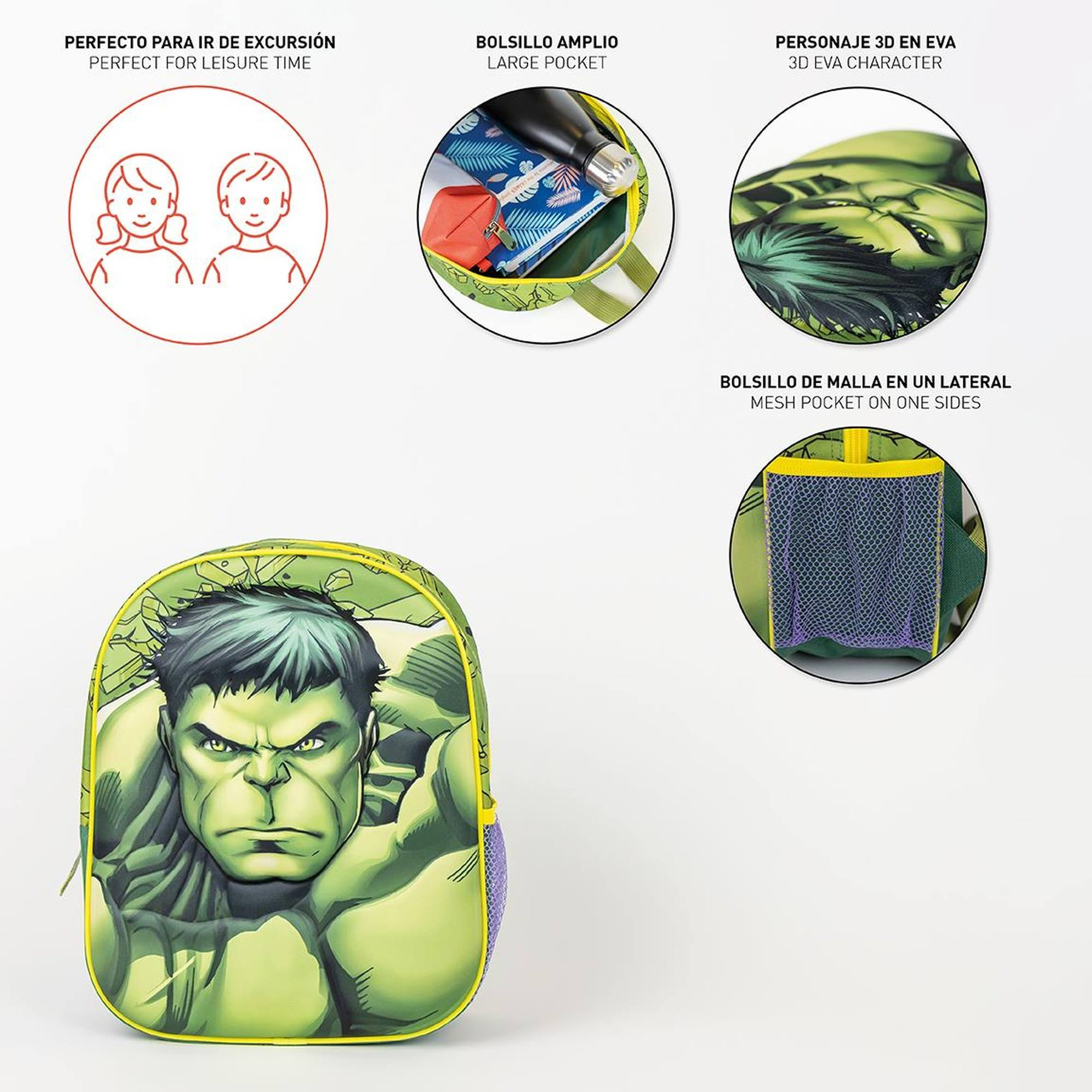 Una mochila verde de Hulk con ribete amarillo y un bolsillo lateral de malla. Los detalles muestran el bolsillo, la cabeza del personaje y el interior.