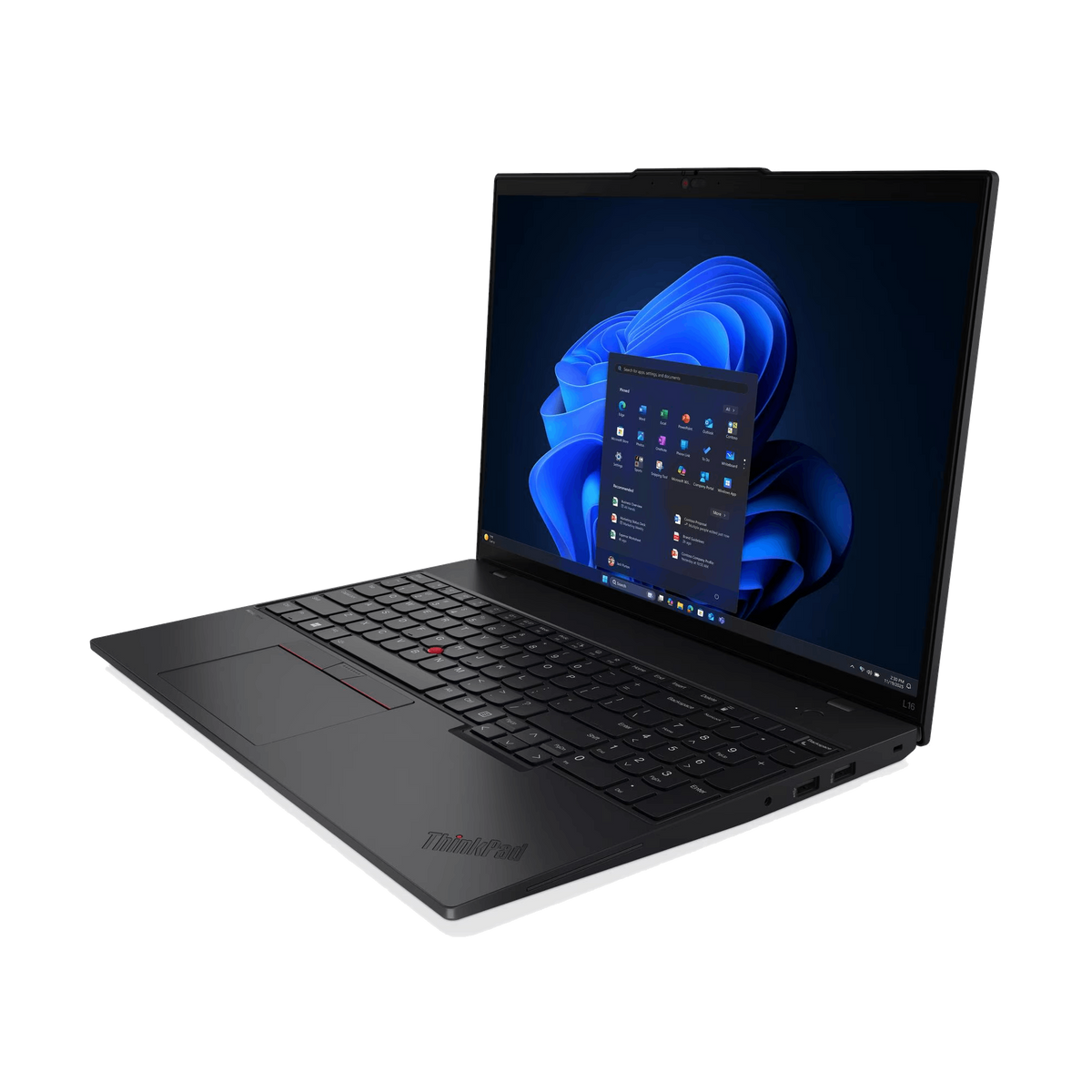 Portátil ThinkPad negro abierto, mostrando teclado y pantalla con interfaz Windows, sobre un fondo negro.