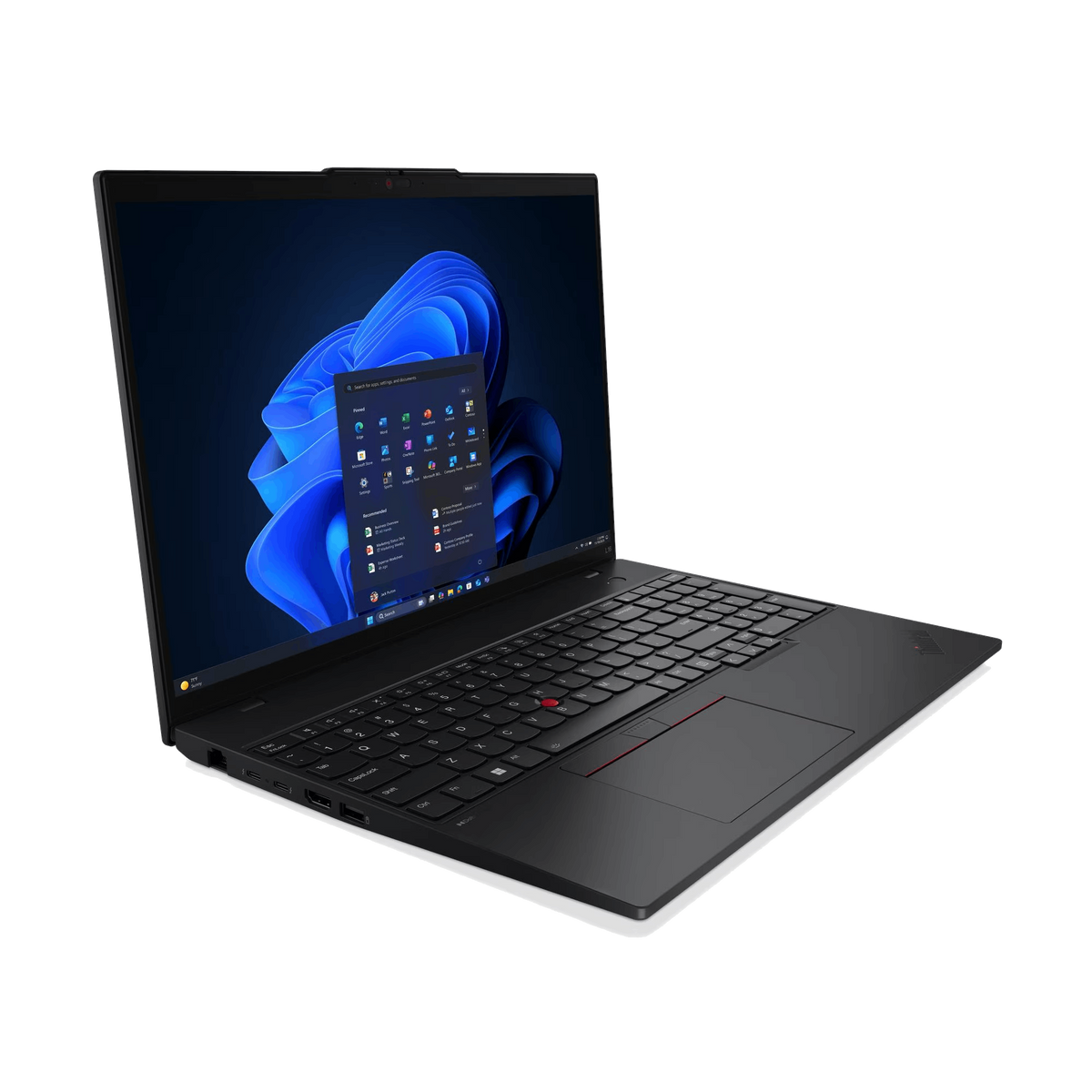 Portátil negro sobre fondo negro. La pantalla muestra una interfaz de Windows. Se ven el teclado, el panel táctil y la cámara web.