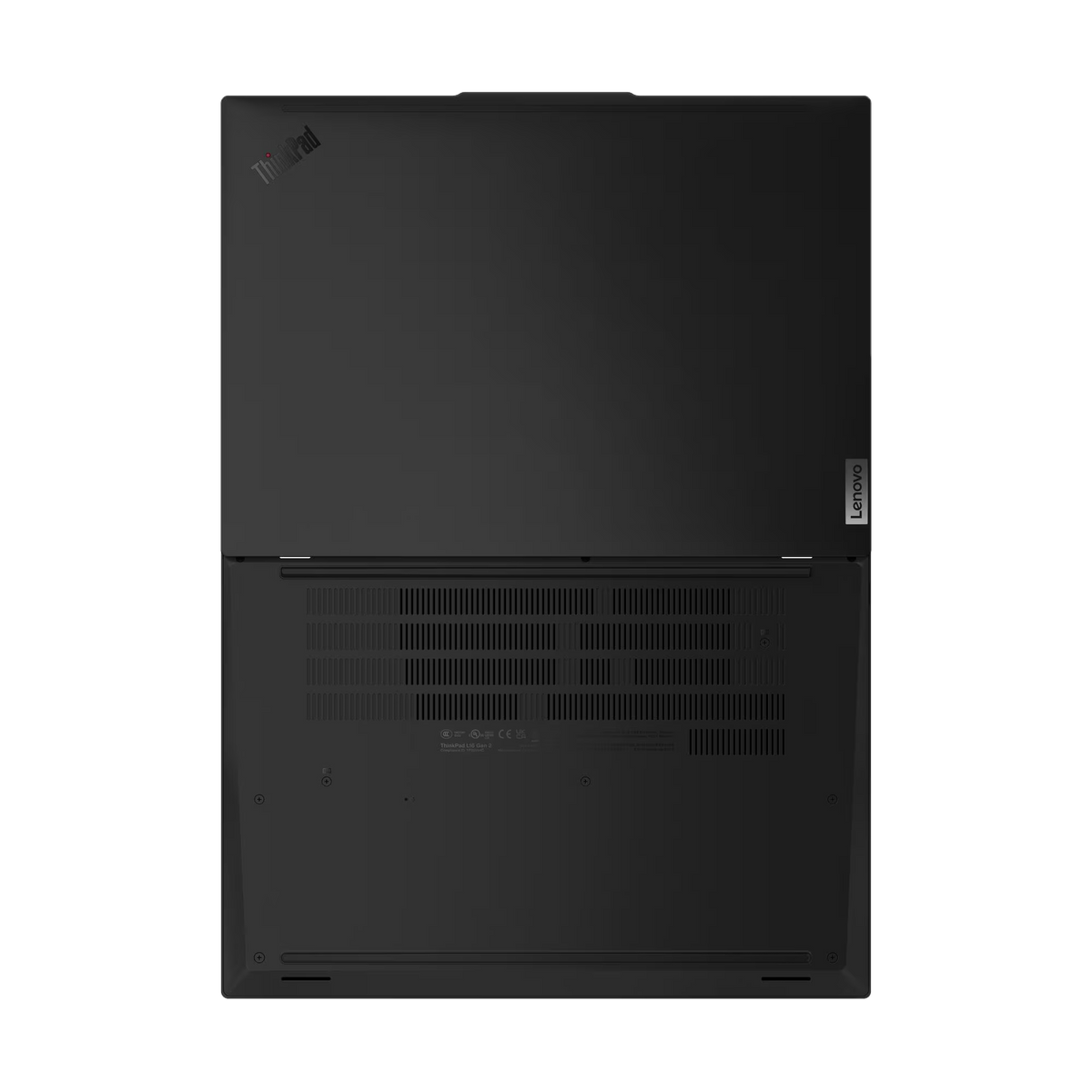 Vista superior de un portátil ThinkPad negro con el logo de Lenovo. La pantalla está abierta, mostrando el área del teclado.