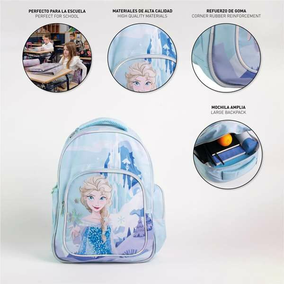 Ein hellblauer Rucksack mit einem Bild von Elsa aus Frozen. Es hat mehrere Details über seine Qualität und Verwendung.
