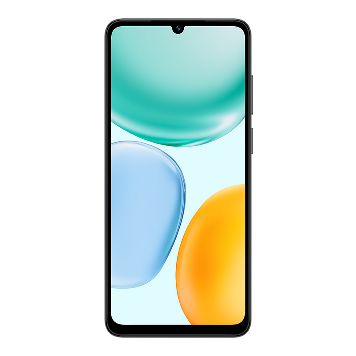 Smartfon z wyświetlaczem pokazującym abstrakcyjne, kolorowe kształty. Telefon ma czarną ramkę i czarne tło.