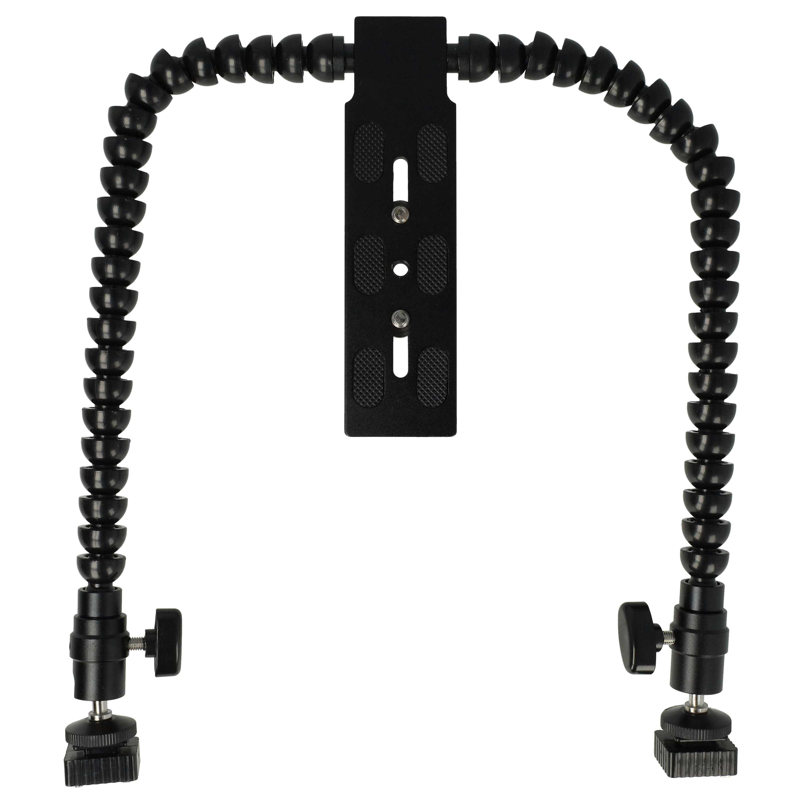 Schwarzer flexibler Arm mit zentraler Platte und zwei verstellbaren Basen. Weißer Hintergrund.
