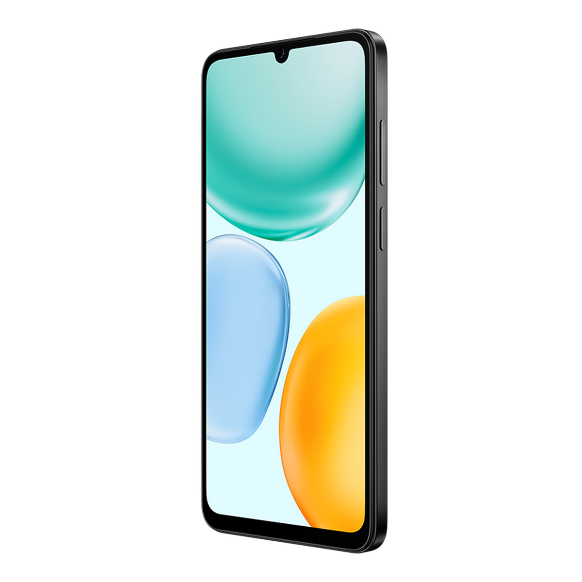 Czarny smartfon z kolorowym ekranem z turkusowymi, niebieskimi i pomarańczowymi kształtami. Tło jest czarne.