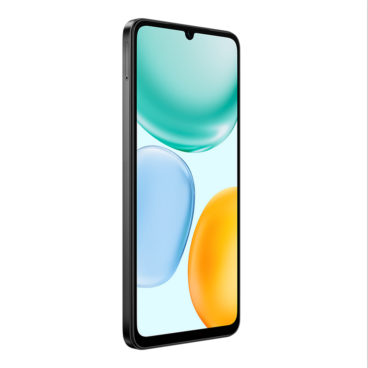 Czarny smartfon jest przechylony. Ekran wyświetla abstrakcyjne kształty w kolorze morskim, niebieskim i pomarańczowym na jasnoniebieskim tle.