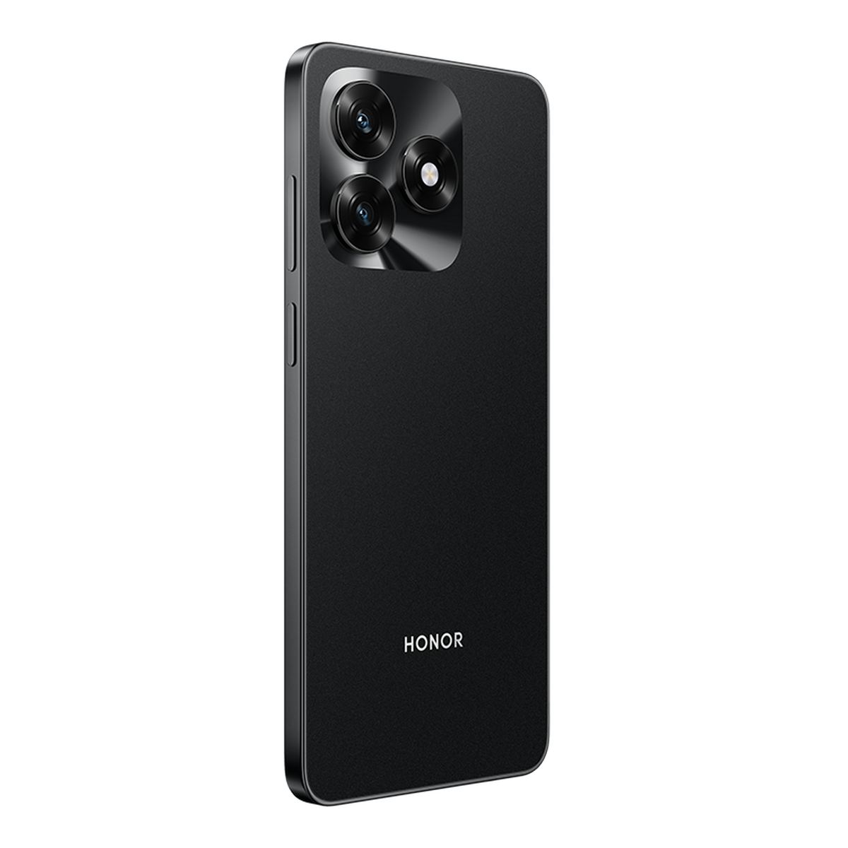 Czarny tył smartfona Honor. Potrójny aparat u góry po lewej. Logo Honor na dole. Przyciski boczne.