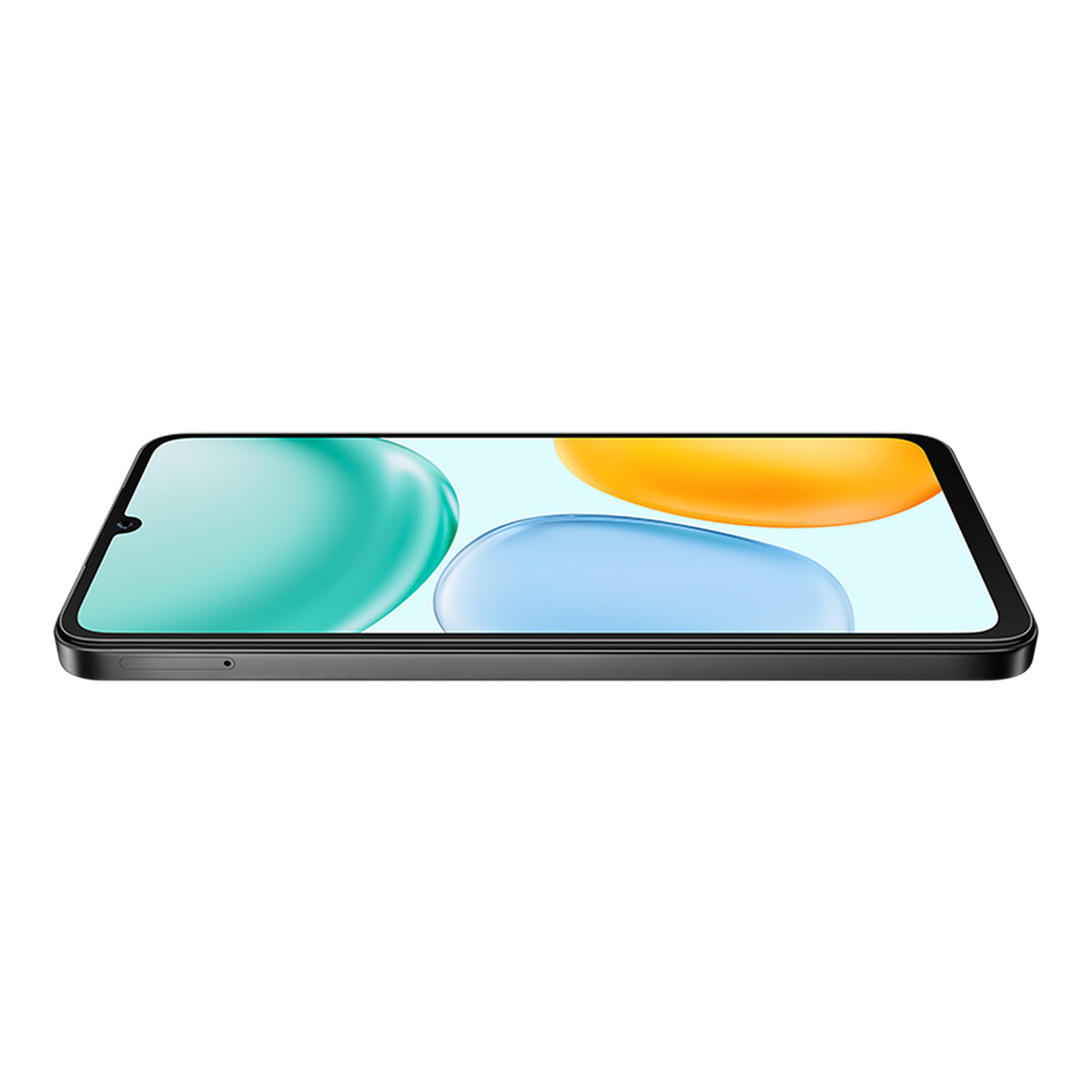 Ciemnoszary smartfon, widok z boku, ekran z trzema kolorowymi plamami: turkusową, niebieską i pomarańczową. Czarne tło.