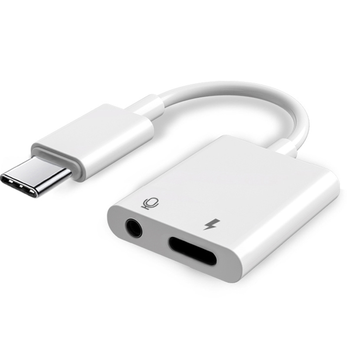 Een witte USB-C naar audio adapter. Het heeft een USB-C connector, een poort voor koptelefoons en een poort om op te laden.