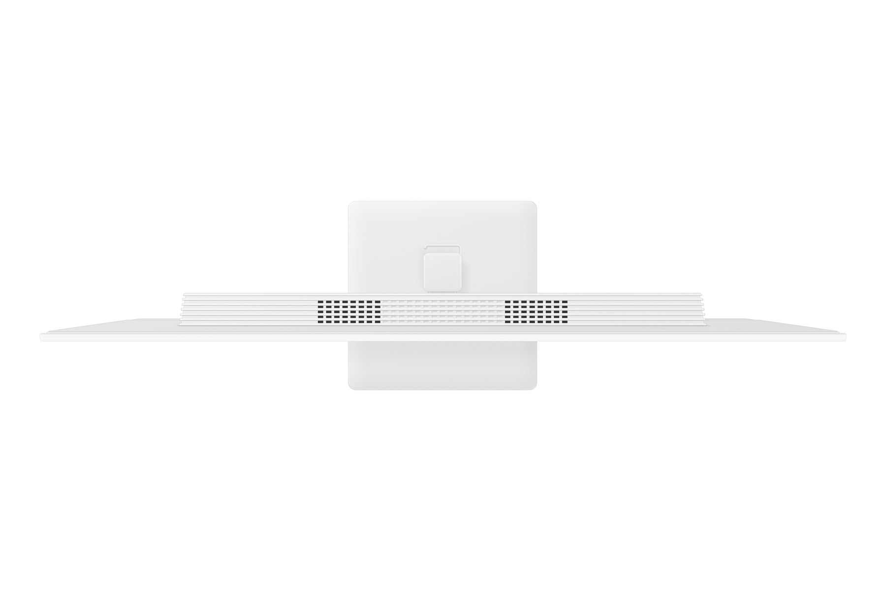 Widok z góry na biały monitor komputera. Ma podstawkę i prostokątny system wentylacji.