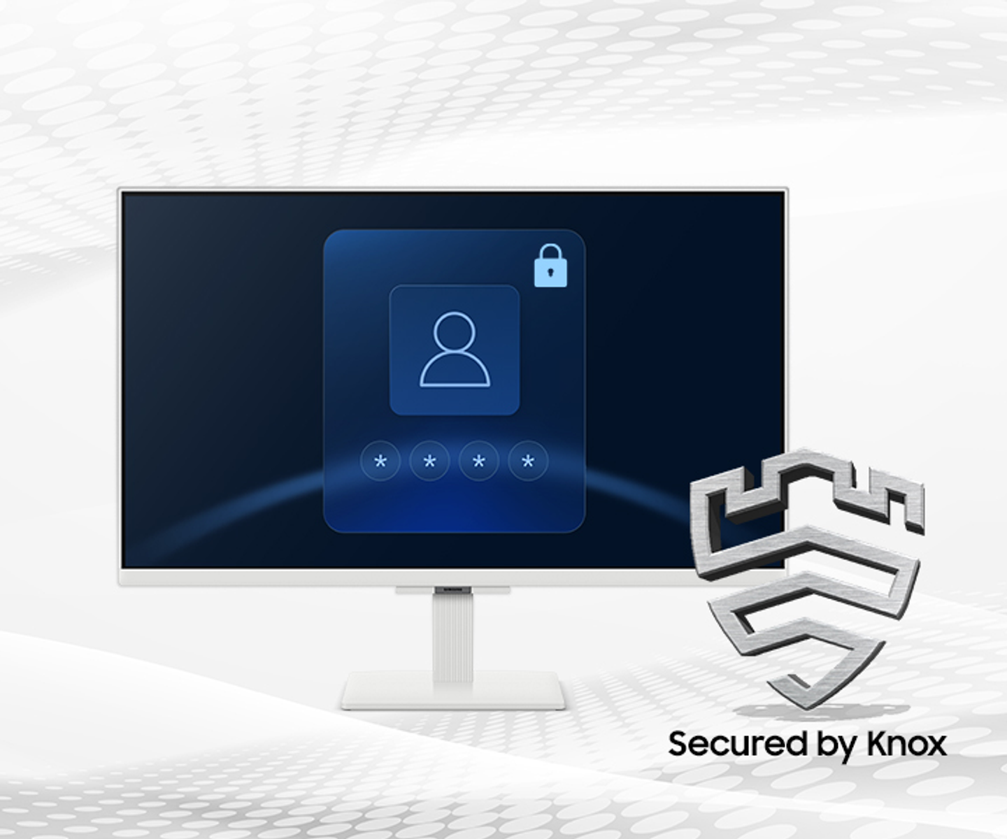 Monitor z ekranem logowania i ikoną kłódki. Logo Knox po prawej, tekst 'Secured by Knox'.