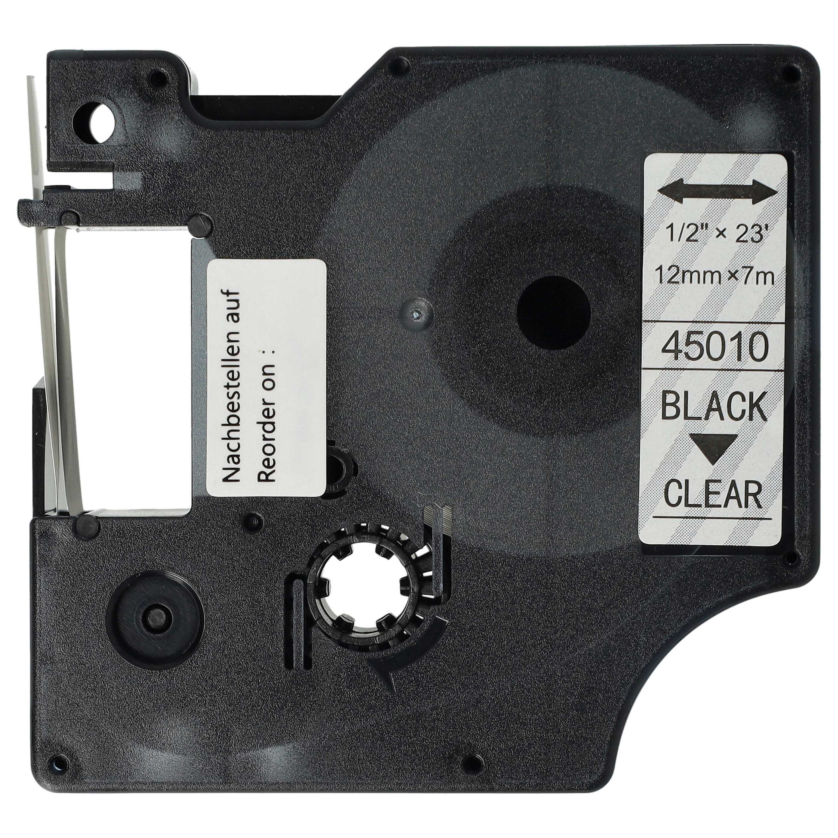 Eine schwarze Etikettierpatrone mit Text und Pfeilen, darunter 'BLACK' und 'CLEAR'. Die Patrone ist schwarz.
