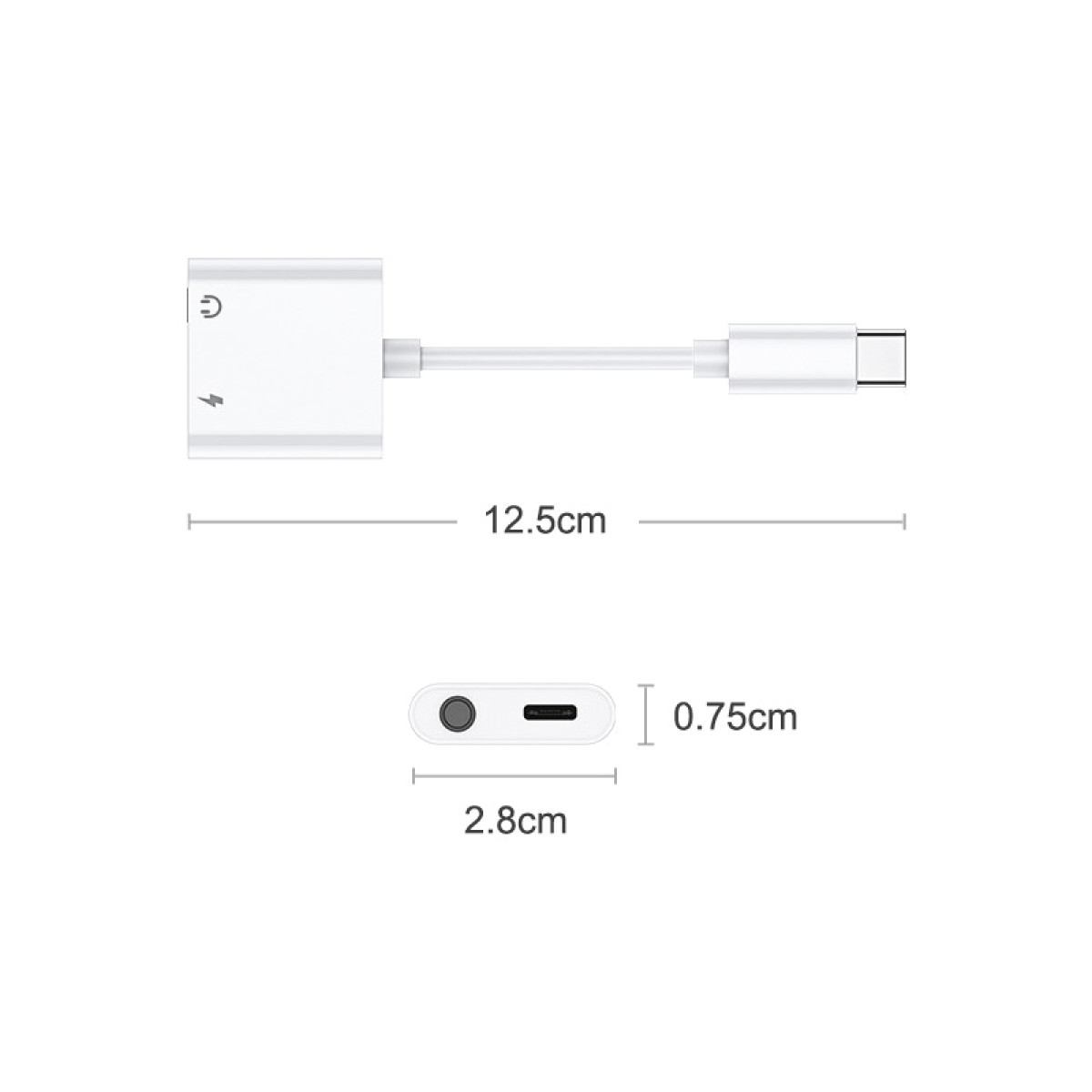 Witte adapter met afmetingen. Hij heeft een USB-C-poort, een Lightning-poort en een 3,5 mm-jack. Afmetingen zijn 12,5 cm en 2,8 cm.