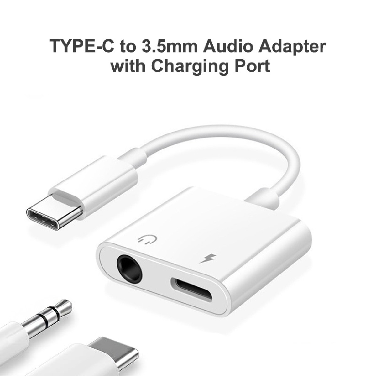 Witte Type-C naar 3,5 mm audio-adapter met oplaadpoort. Inclusief Type-C connector, 3,5 mm jack en adapter met oplaadpoort.