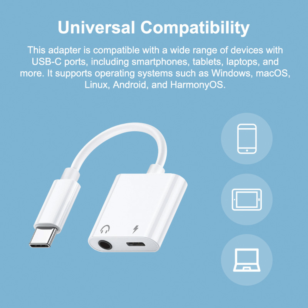 Een witte adapter met USB-C en andere poorten. Tekst geeft universele compatibiliteit aan met smartphones, tablets en laptops.