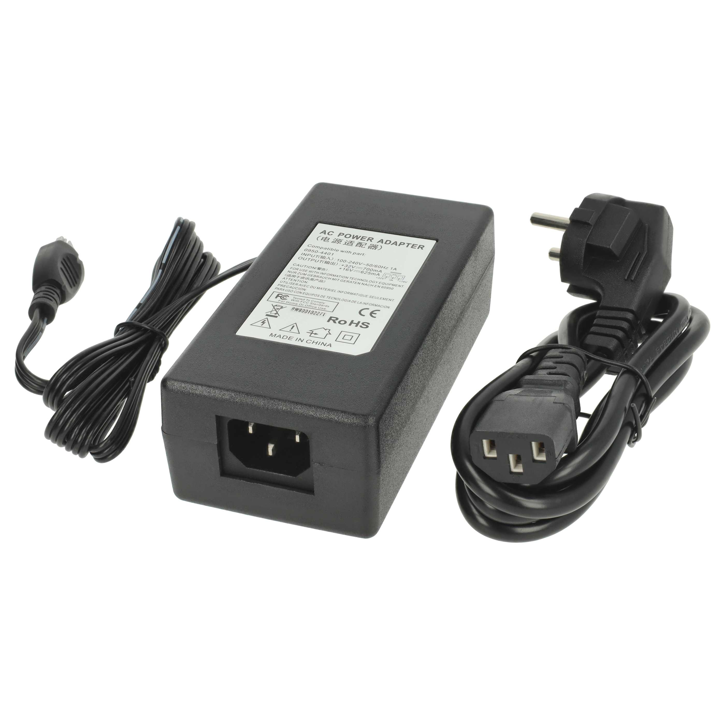 Schwarzer AC-Netzadapter mit Kabeln und Steckern. Es hat ein Etikett mit Text. Die Kabel sind aufgerollt.