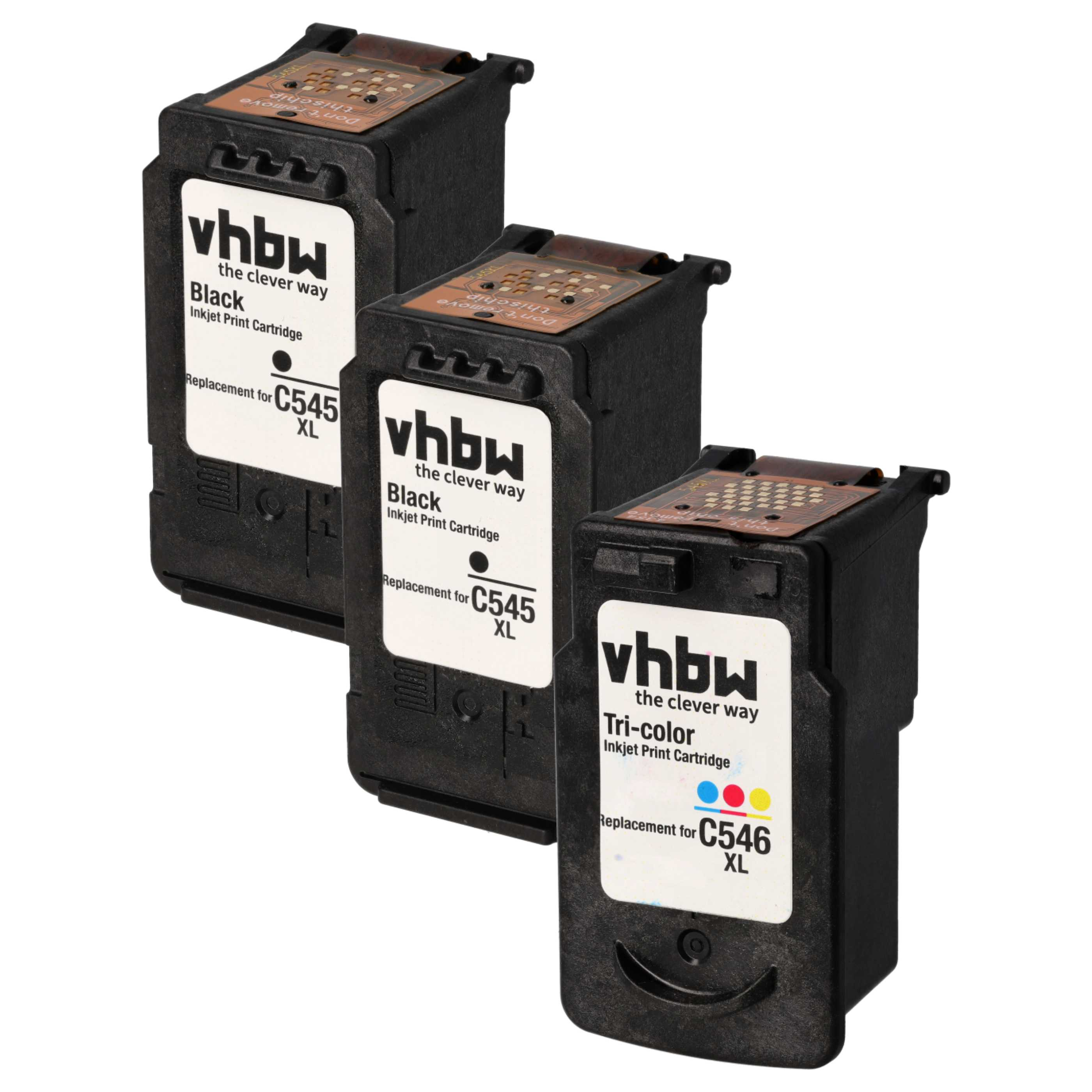 Drei schwarze Tintenpatronen. Die obere Patrone hat einen braunen Chip. Auf den Etiketten steht 'Black' und 'Tri-color'.